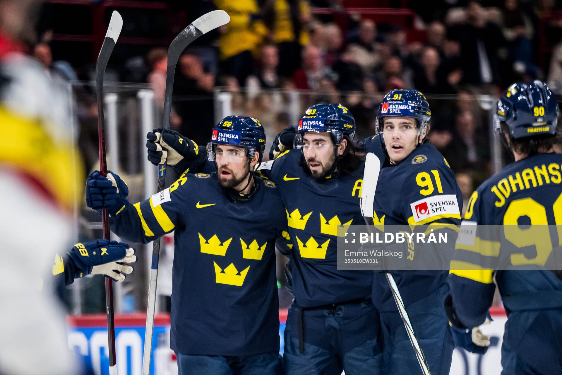 Mika Zibanejad, Erik Gustafsson, and Leo Carlsson of Sweden