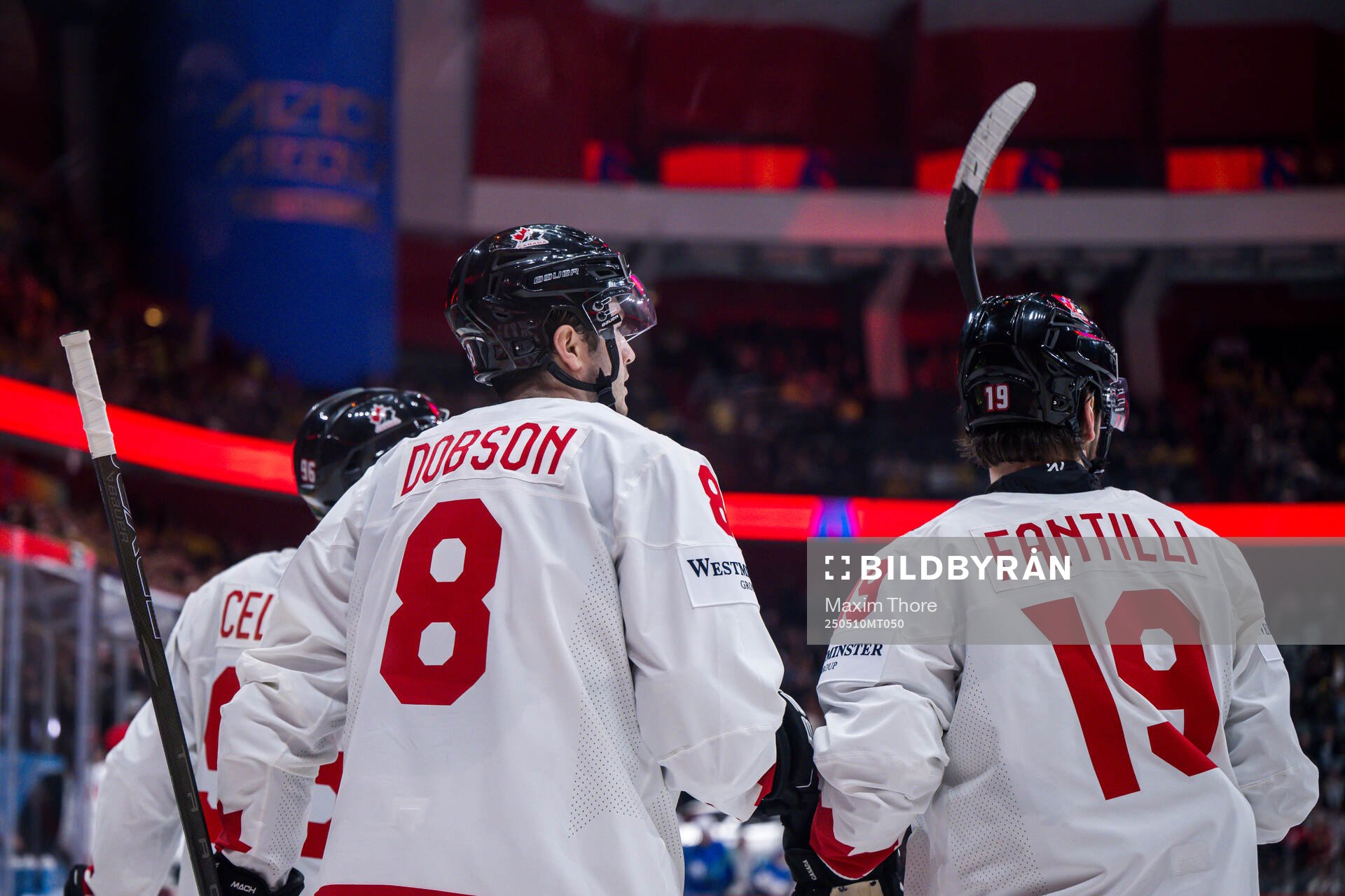 Noah Dobson of Canada celebrate with teammates