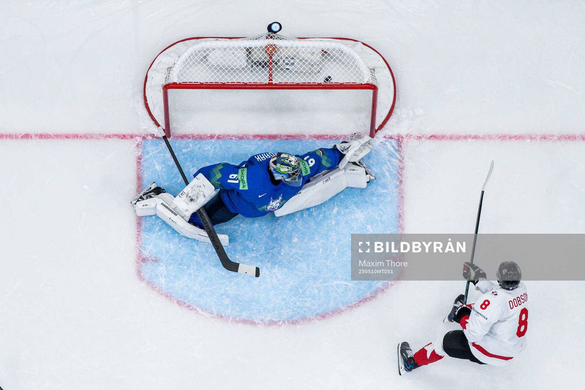 Noah Dobson of Canada scores the 0-4 goal behind goalkeeper
