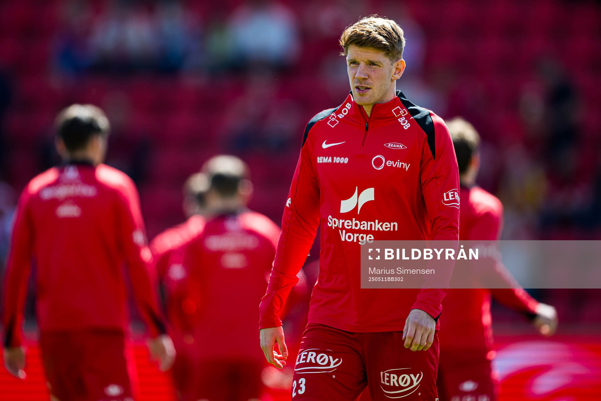 Thore Pedersen of Brann warms up ahead of the Eliteserien match between Brann and Rosenborg on May 11, 2025 in Bergen. 