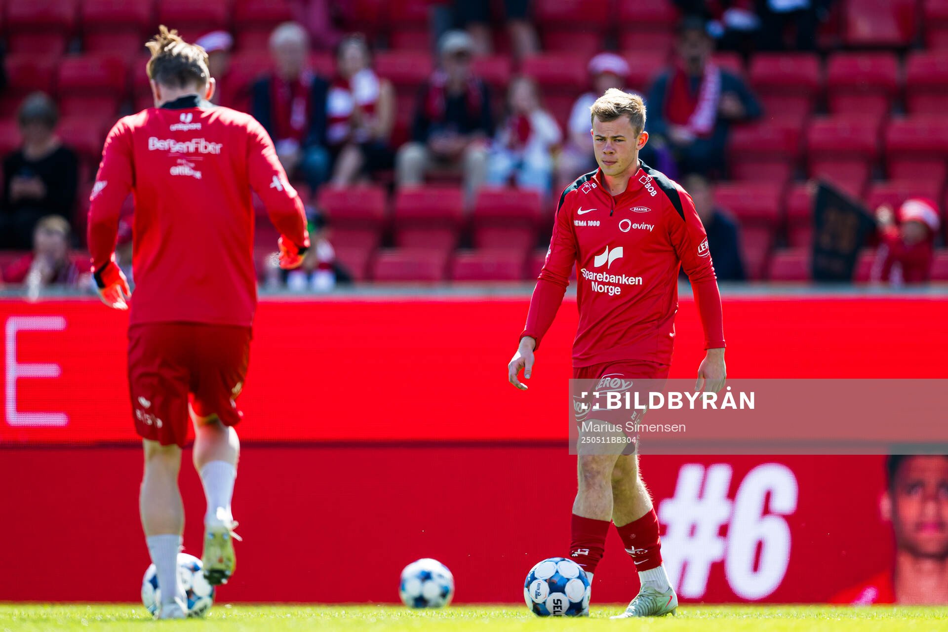Aune Heggebø of Brann warms up ahead of the Eliteserien match between Brann and Rosenborg on May 11, 2025 in Bergen. 