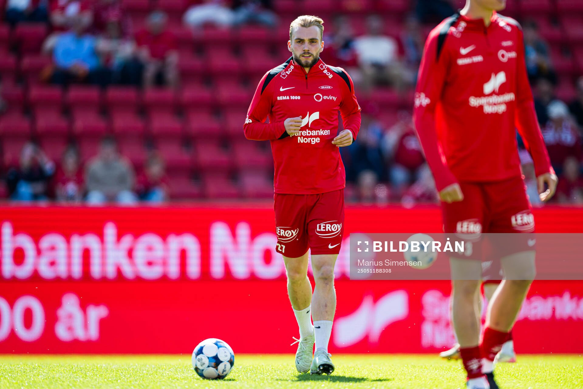 Mads Berg Sande of Brann warms up ahead of the Eliteserien match between Brann and Rosenborg on May 11, 2025 in Bergen. 