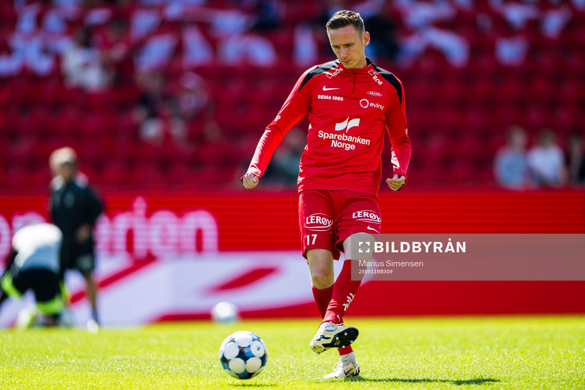 Joachim Soltvedt of Brann warms up ahead of the Eliteserien match between Brann and Rosenborg on May 11, 2025 in Bergen. 
