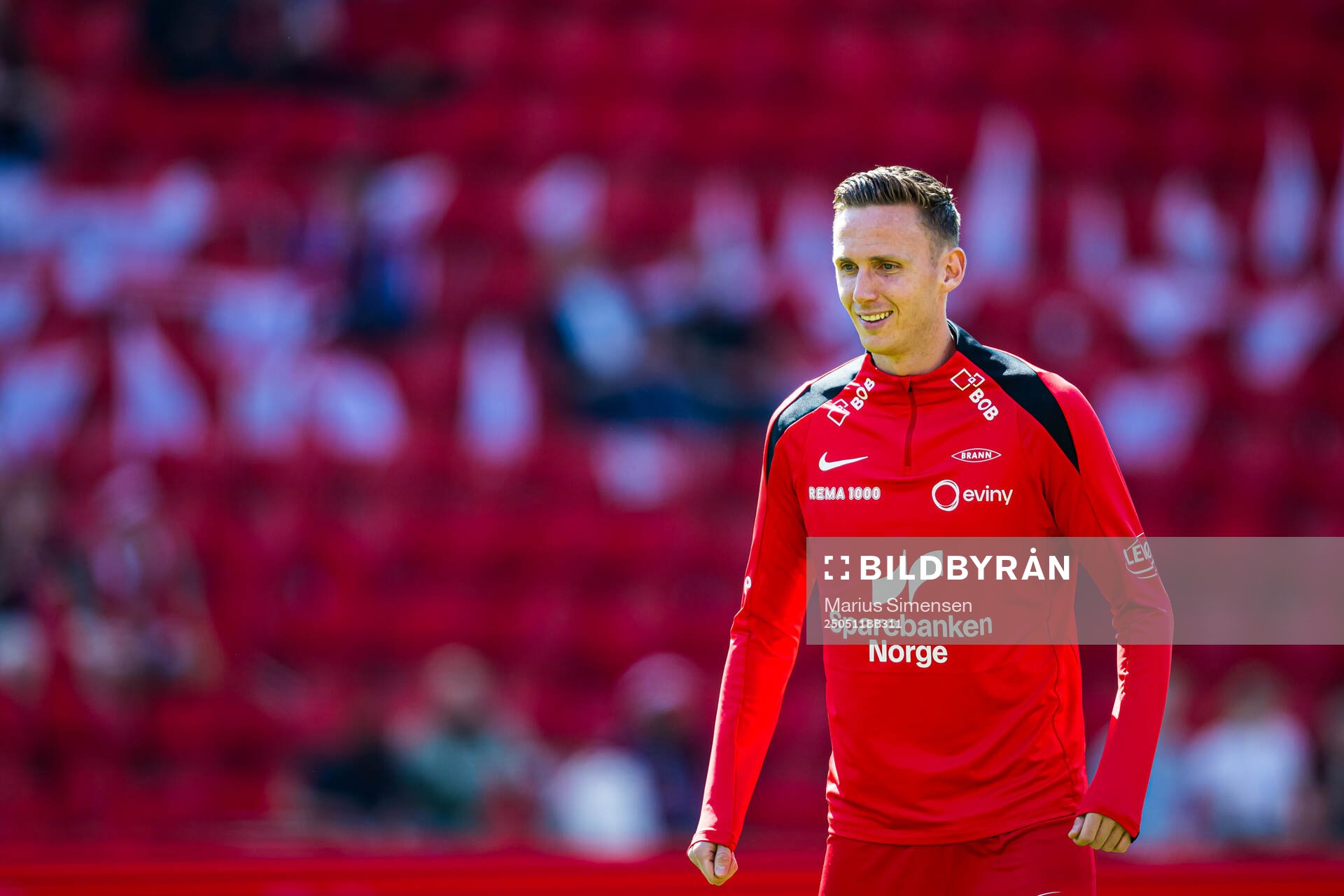Joachim Soltvedt of Brann warms up ahead of the Eliteserien match between Brann and Rosenborg on May 11, 2025 in Bergen. 