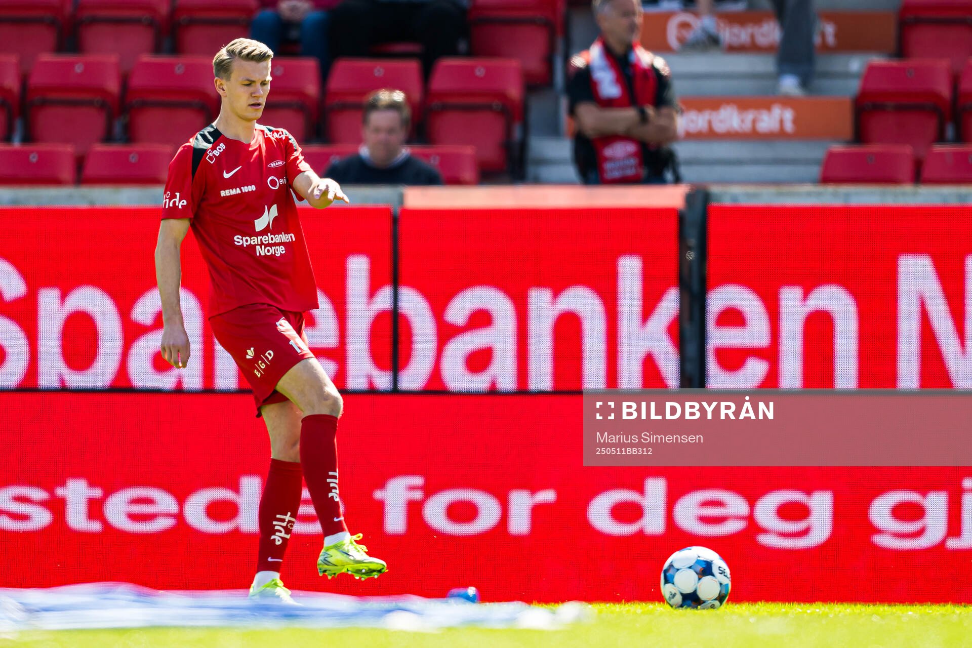 Emil Kornvig of Brann warms up ahead of the Eliteserien match between Brann and Rosenborg on May 11, 2025 in Bergen. 