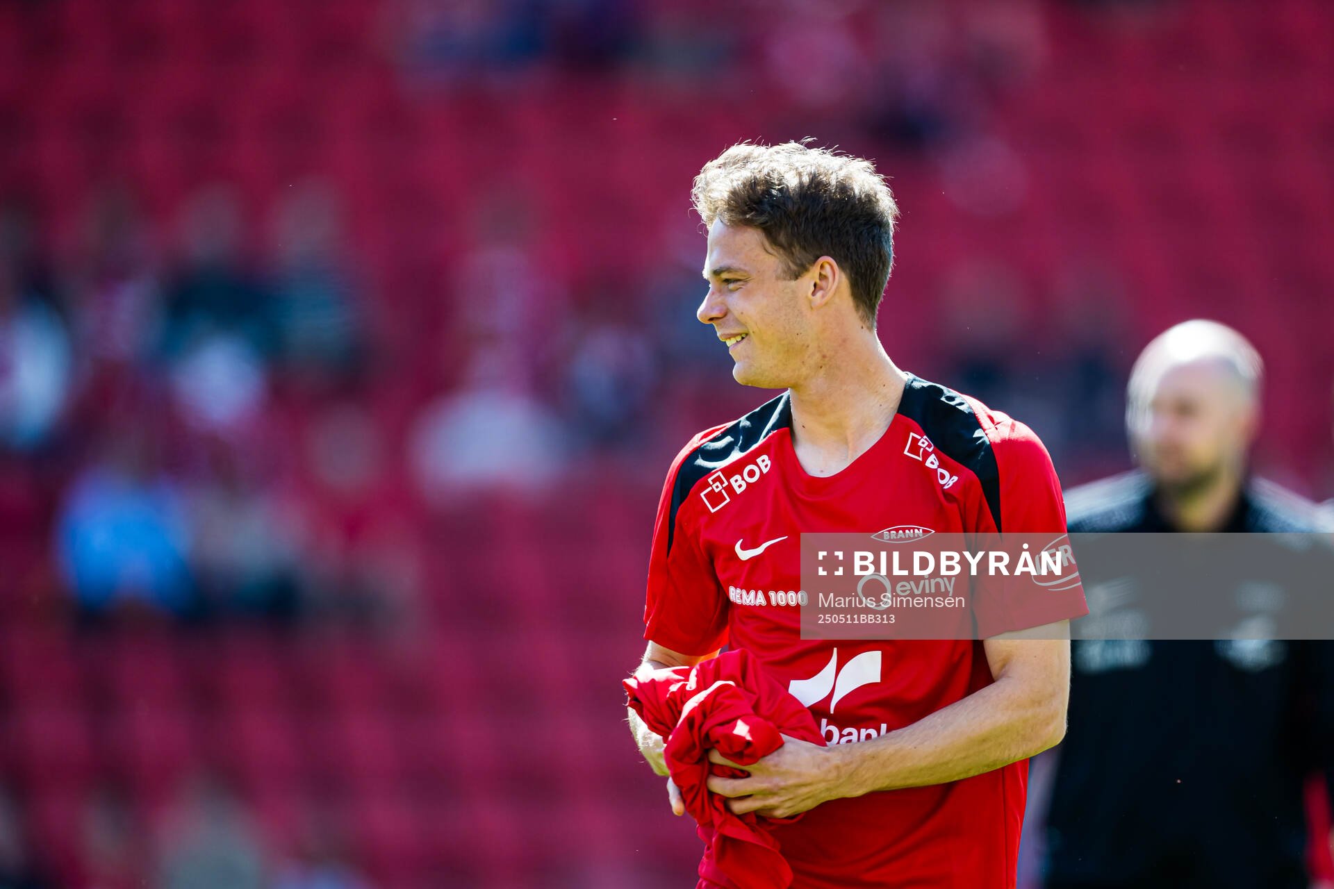 Felix Horn Myhre of Brann warms up ahead of the Eliteserien match between Brann and Rosenborg on May 11, 2025 in Bergen. 