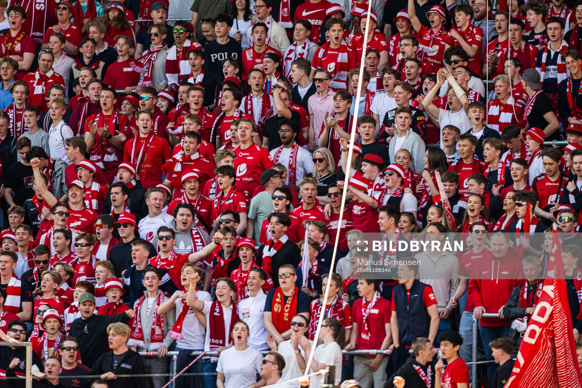 Spectators in the stands ahead of the Eliteserien match between Brann and Rosenborg on May 11, 2025 in Bergen. 