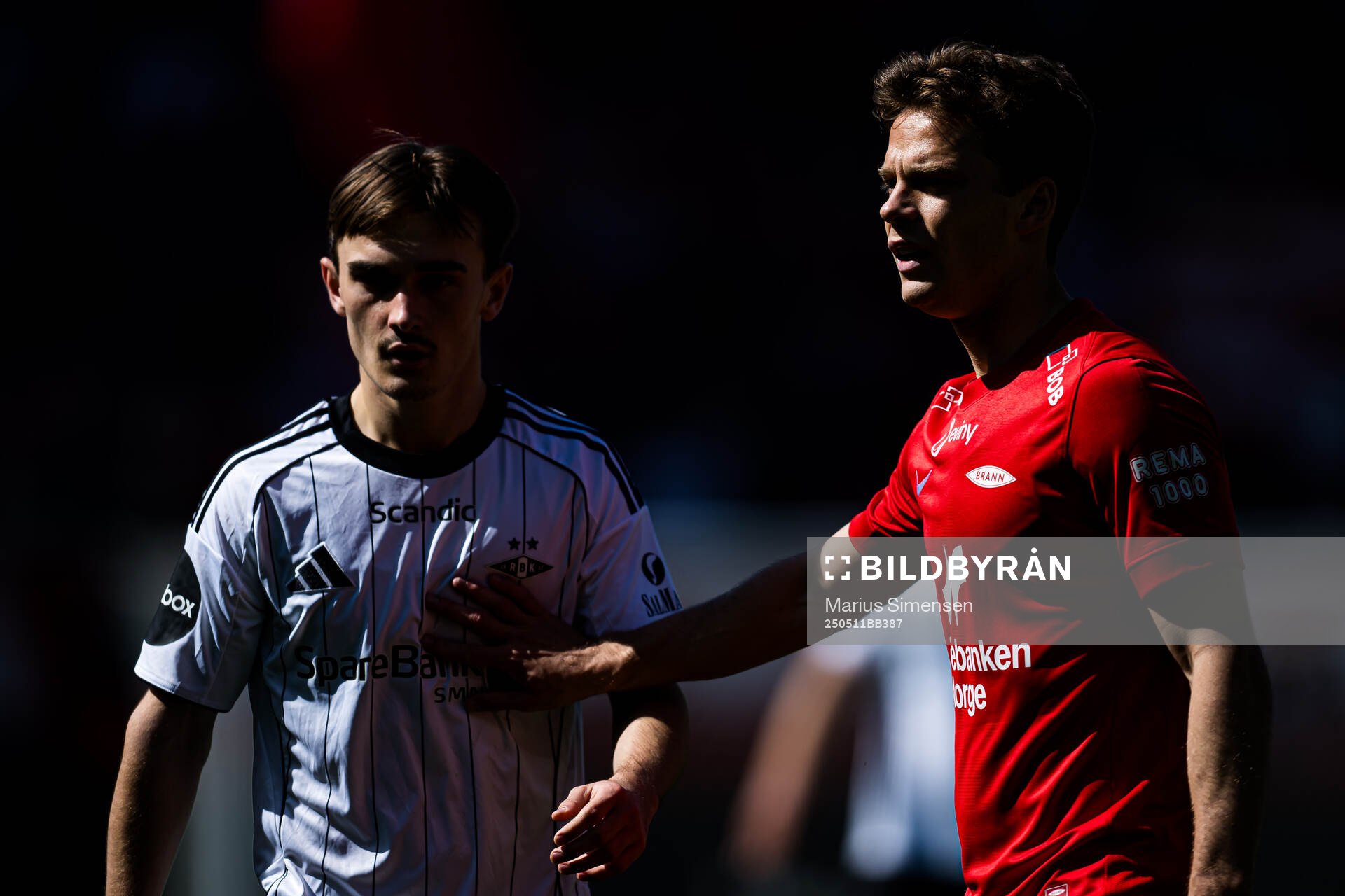 Marius Sivertsen Broholm of Rosenborg and Felix Horn Myhre of Brann during the Eliteserien match between Brann and Rosenborg on May 11, 2025 in Bergen.