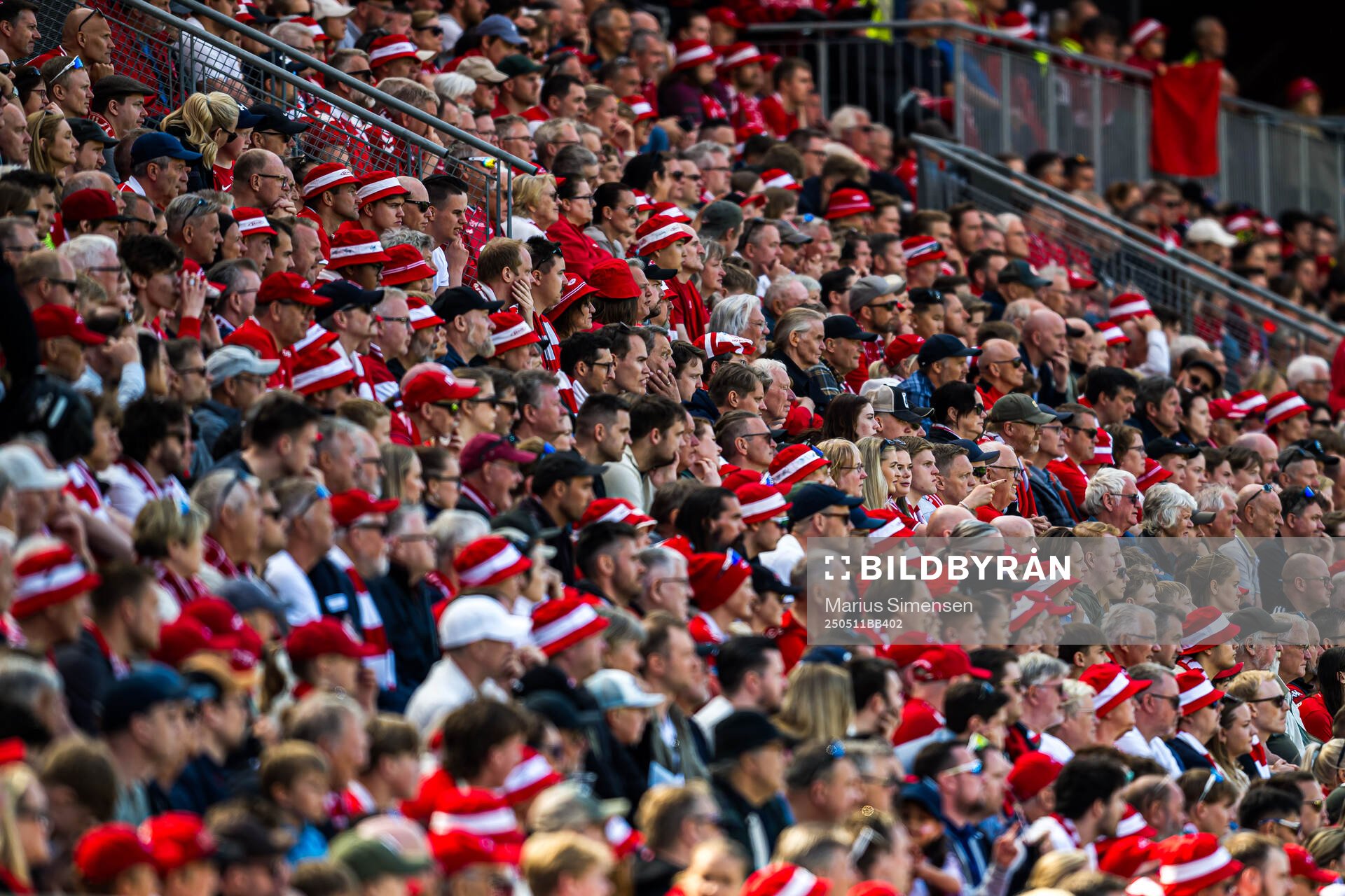 Spectators in the stands during the Eliteserien match between Brann and Rosenborg on May 11, 2025 in Bergen. 