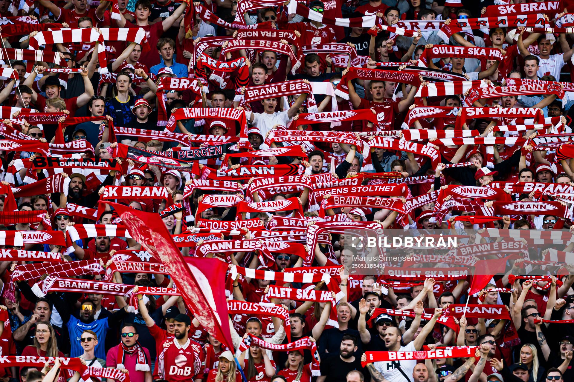 Spectators in the stands during the Eliteserien match between Brann and Rosenborg on May 11, 2025 in Bergen. 
