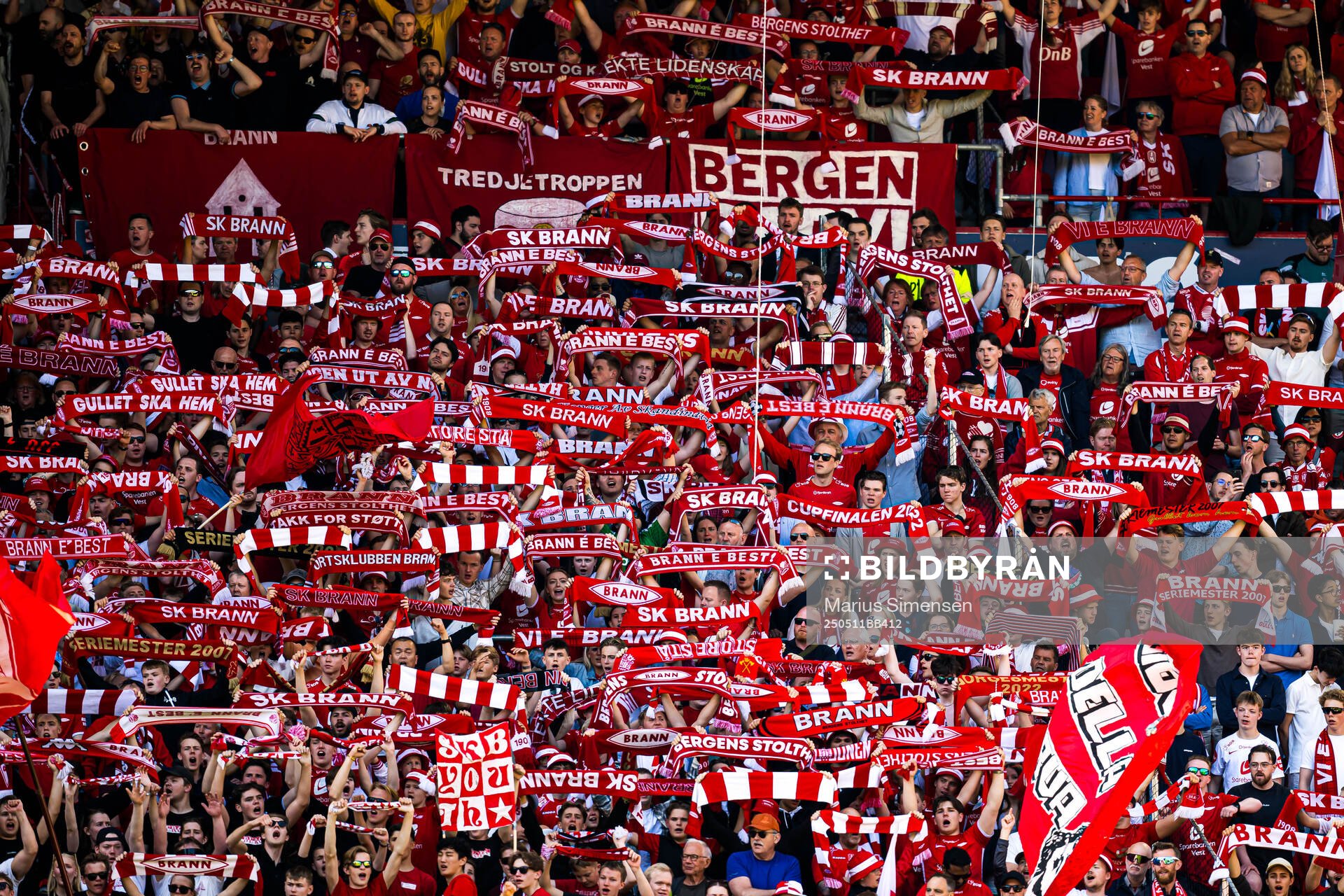 Spectators in the stands during the Eliteserien match between Brann and Rosenborg on May 11, 2025 in Bergen. 