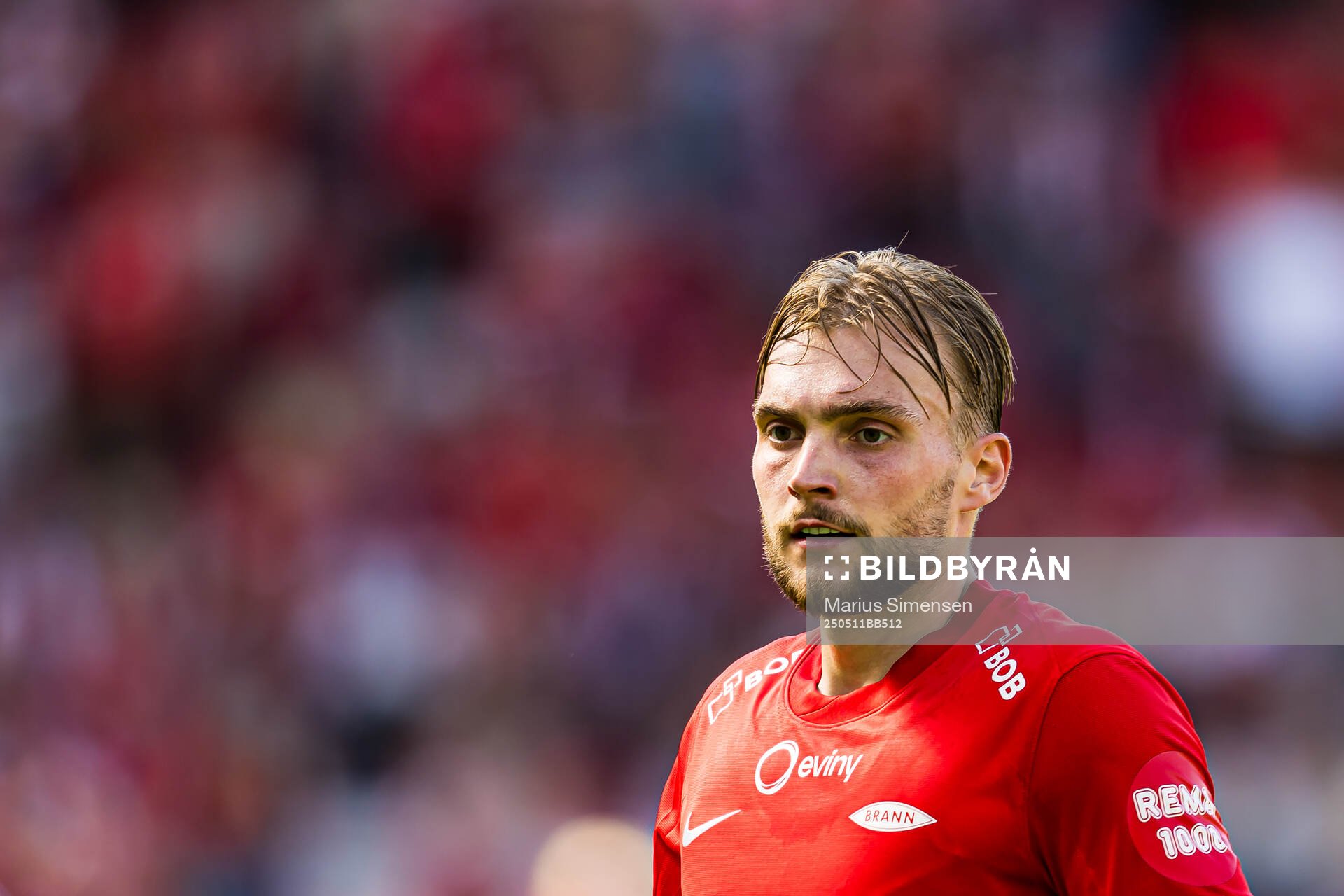 Mads Berg Sande of Brann during the Eliteserien match between Brann and Rosenborg on May 11, 2025 in Bergen. 