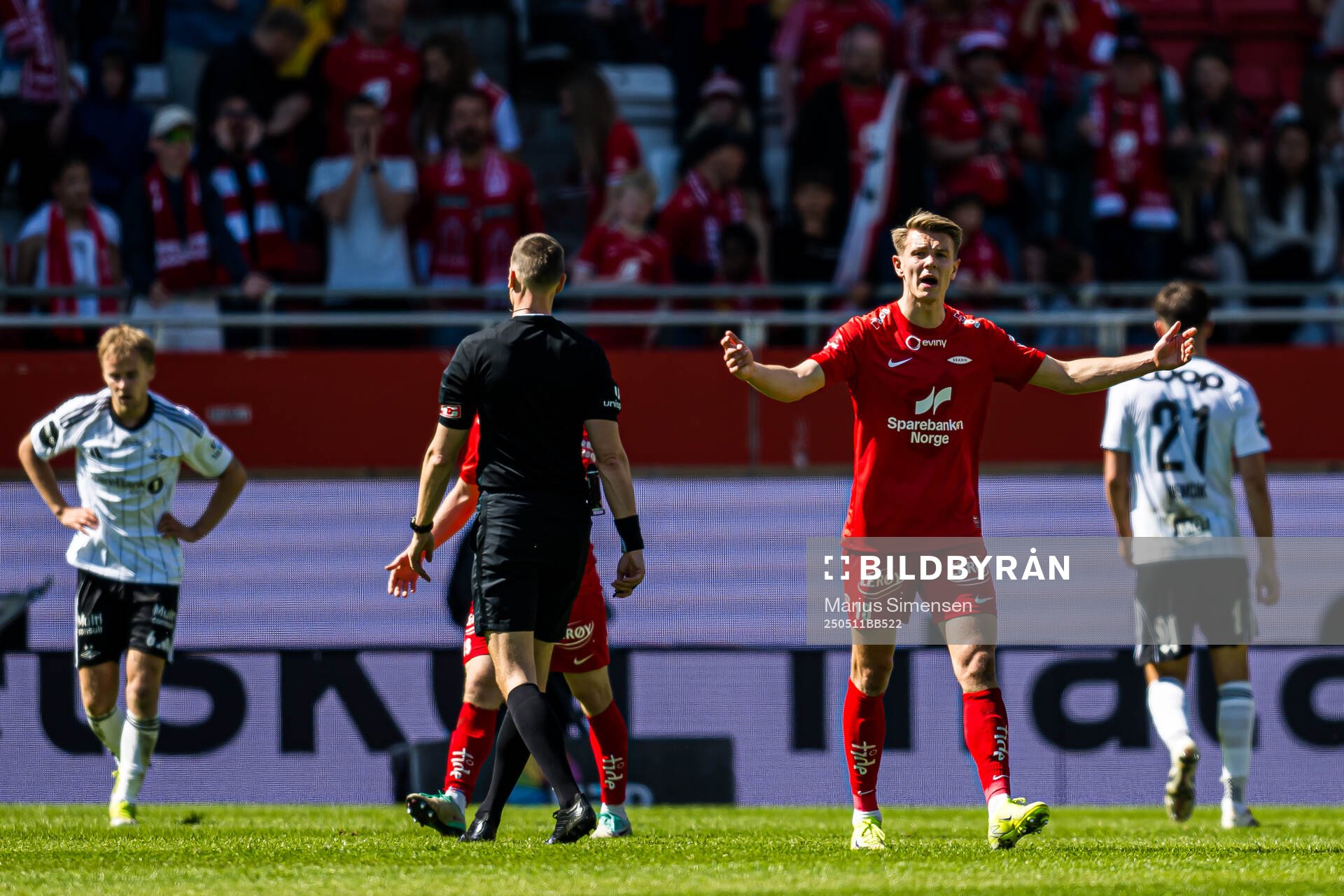Emil Kornvig of Brann reacts during the Eliteserien match between Brann and Rosenborg on May 11, 2025 in Bergen. 