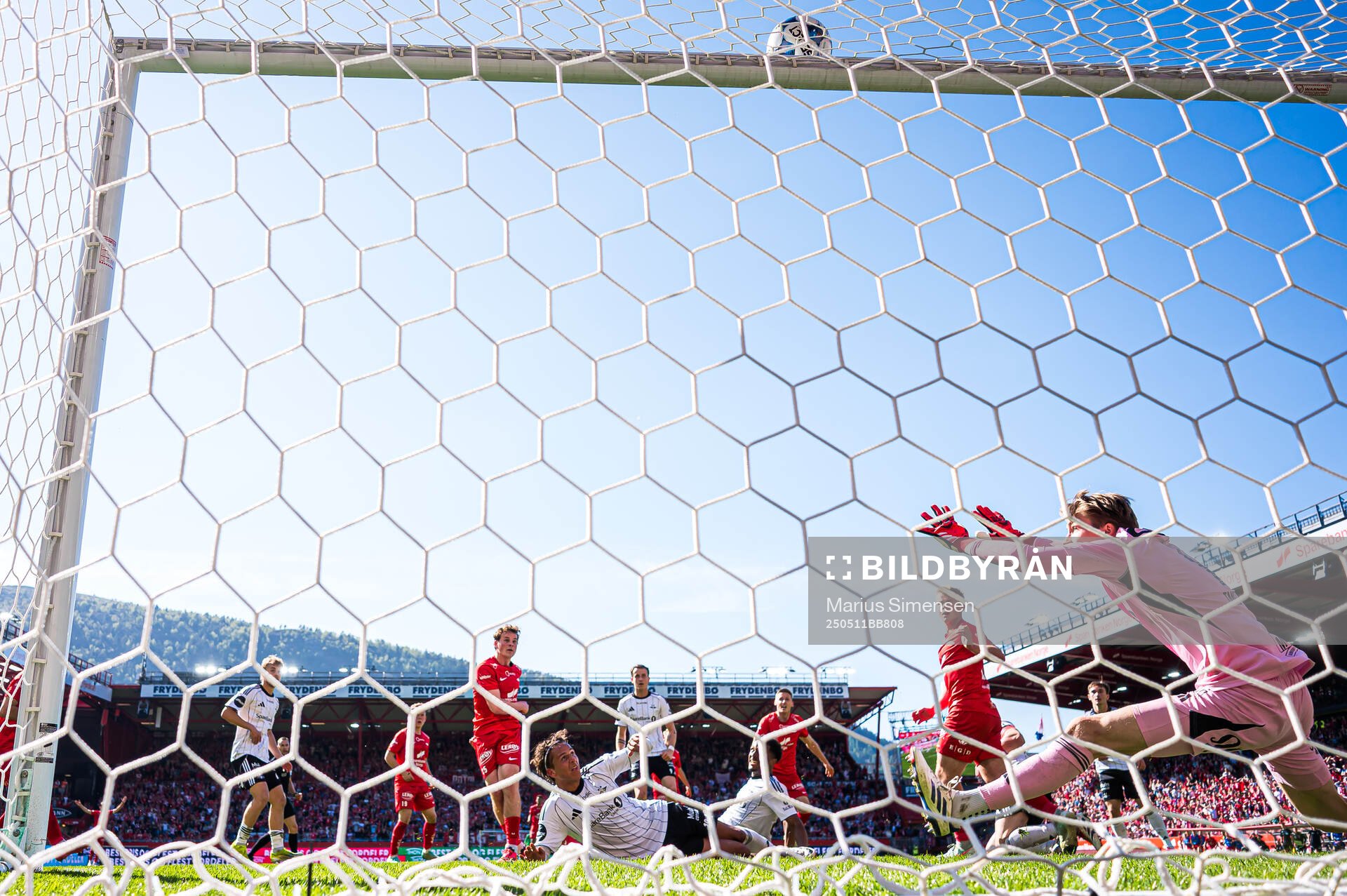 Jonas Tviberg Torsvik of Brann missing a chance to score during the Eliteserien match between Brann and Rosenborg on May 11, 2025 in Bergen.