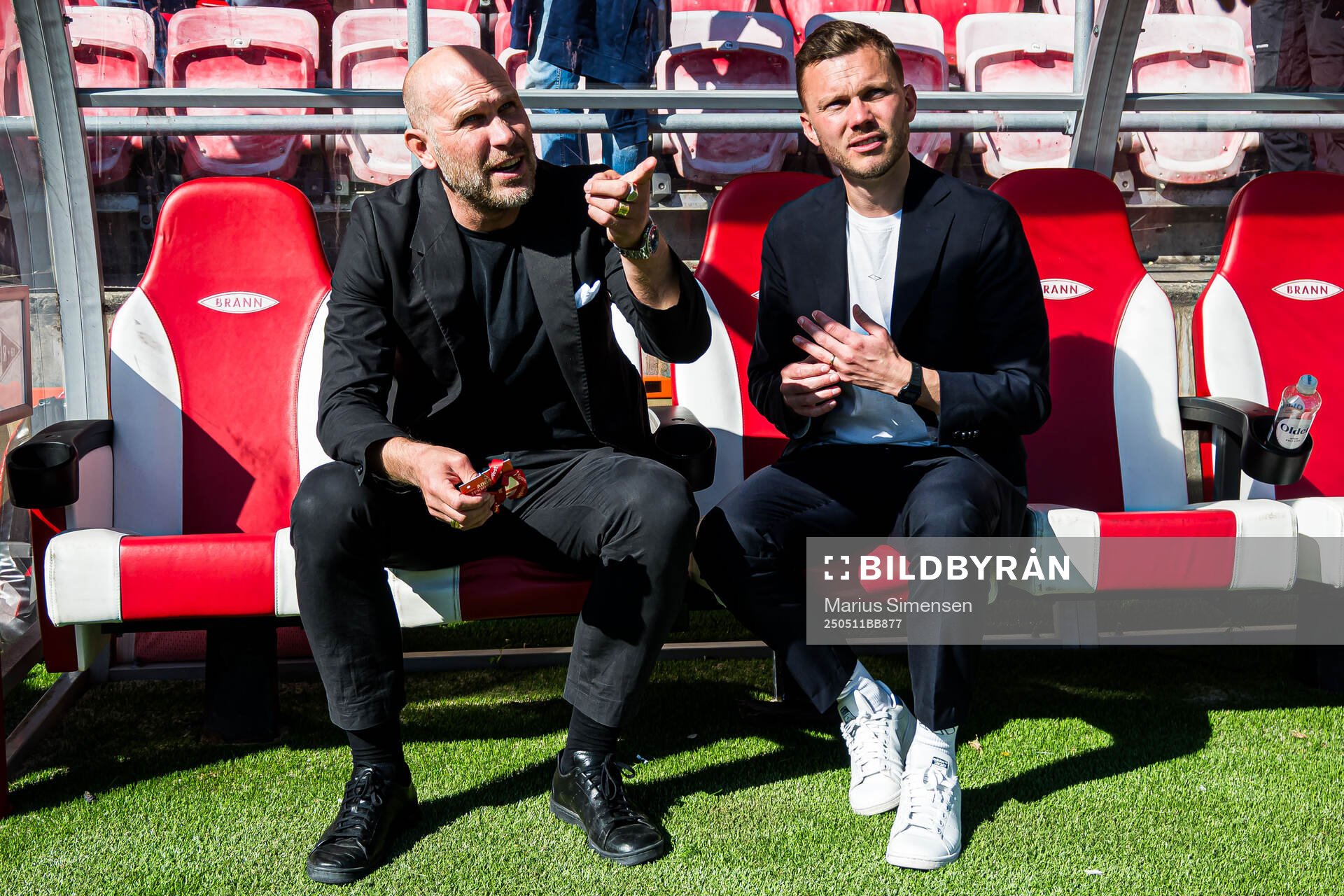 Mikael Dorsin, sports director of Rosenborg, and Alfred Johansson, head coach of Rosenborg, after the Eliteserien match between Brann and Rosenborg on May 11, 2025 in Bergen.