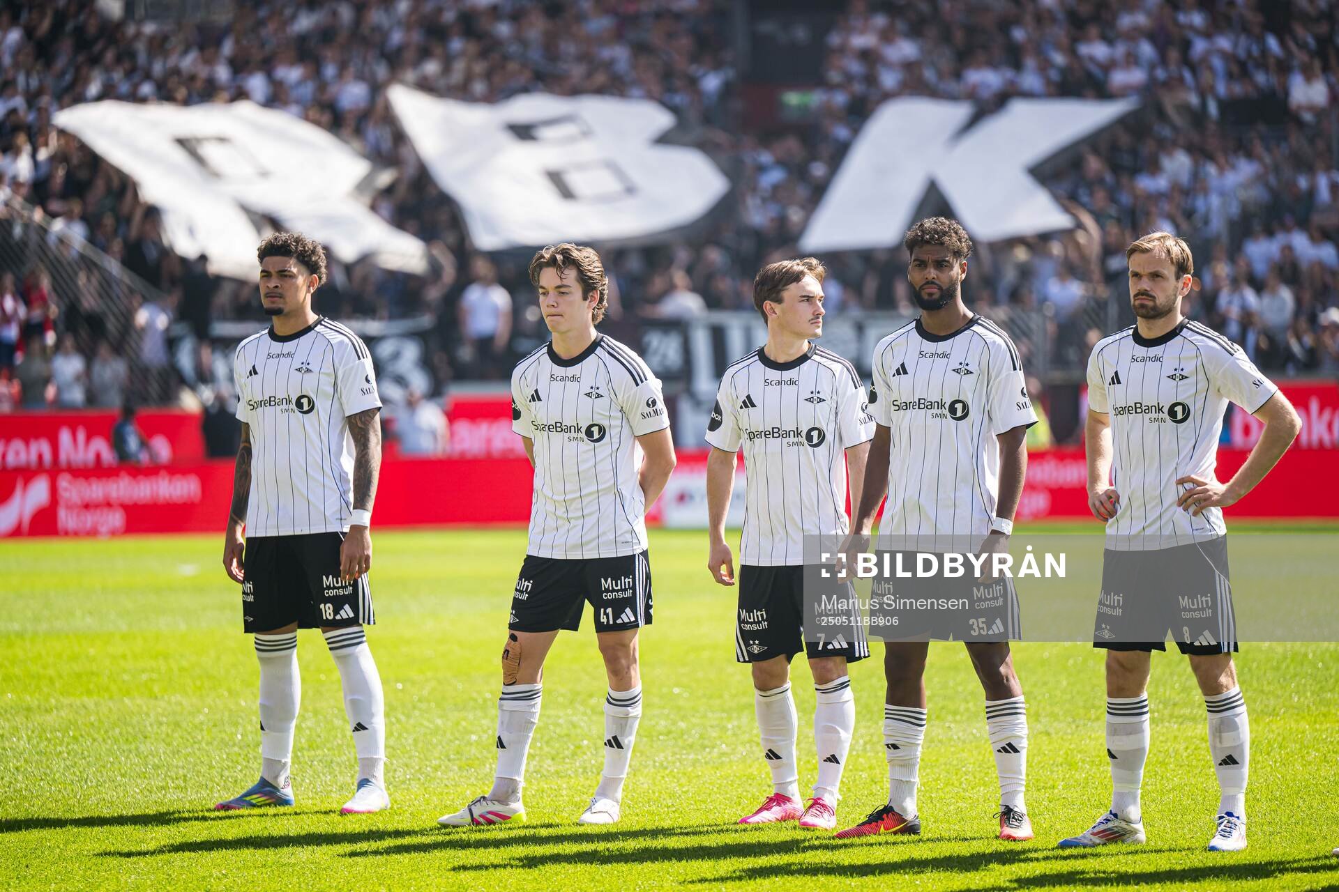 Noah Jean Holm, Sverre Halseth Nypan, Marius Sivertsen Broholm, Emil Konradsen Ceide and Iver Tobias Rørvik Fossum of Rosenborg ahead of the Eliteserien match between Brann and Rosenborg on May 11, 2025 in Bergen.