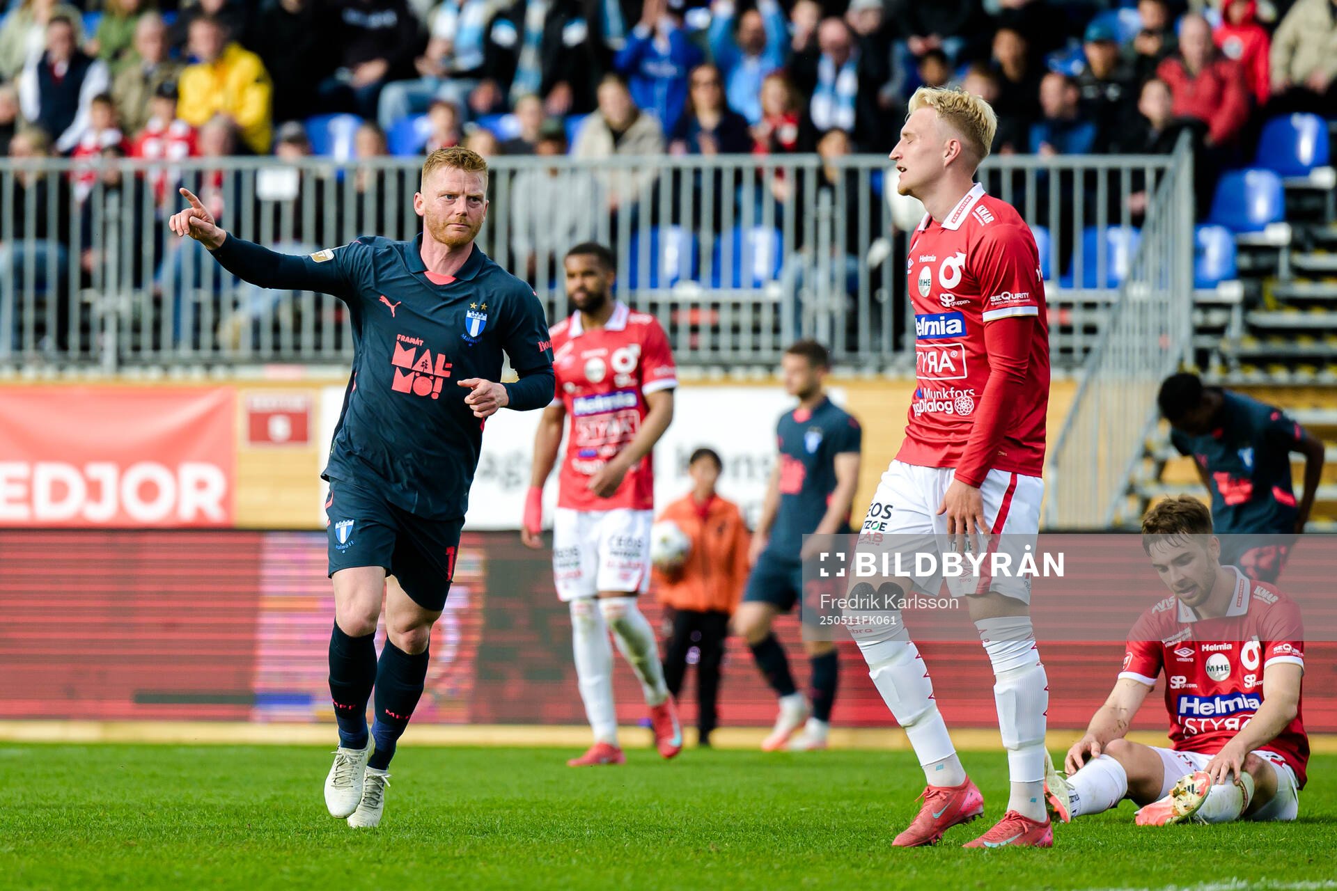 Malmö FFs Anders Christiansen jublar efter 1-4 under fotbollsmatchen i Allsvenskan mellan Degerfors och Malmö FF den 11 maj 2025 i Degerfors.