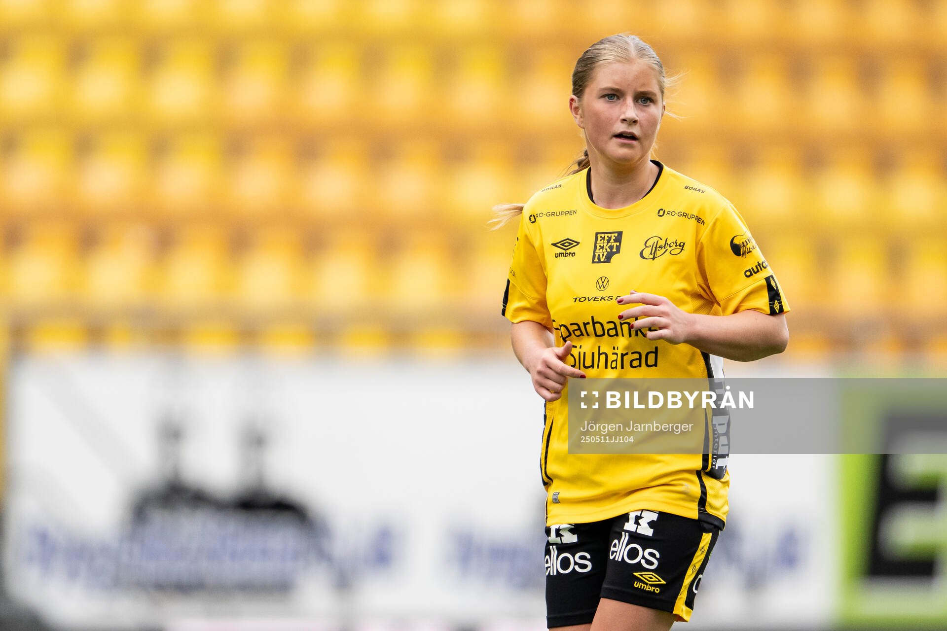 Elfsborgs Meja Harrysson under fotbollsmatchen i Div 3, Västra, Dam mellan Elfsborg och Gautiod den 11 maj 2025 i Borås. 