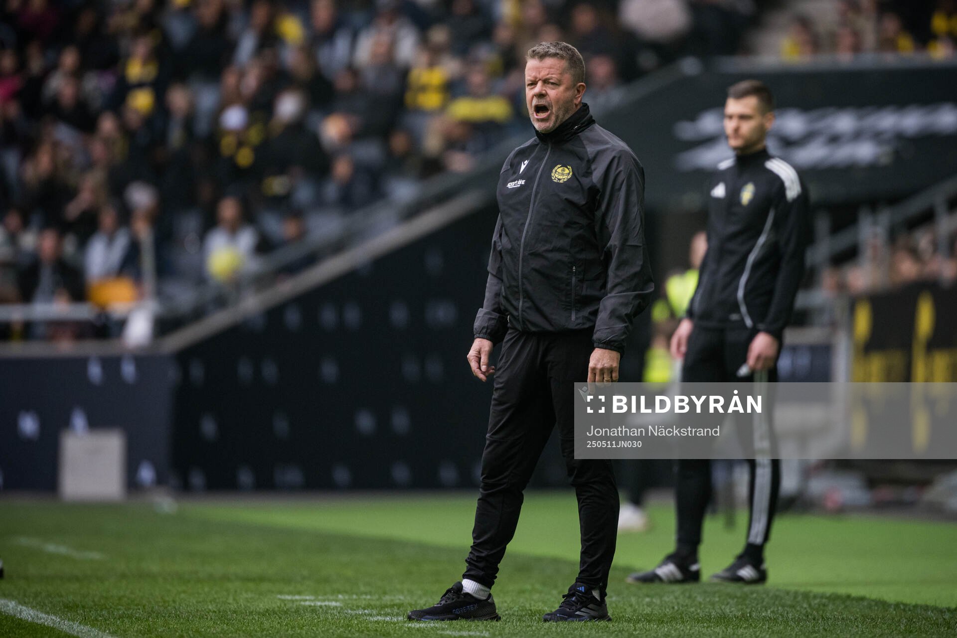 Mjällbys tränare Anders Torstensson under fotbollsmatchen i Allsvenskan mellan AIK och Mjällby den 11 maj 2025 i Stockholm. 