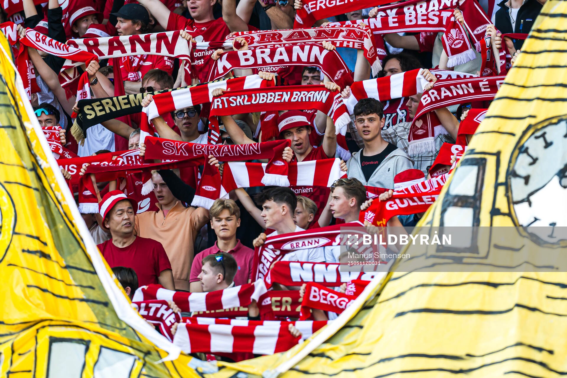 Spectators in the stands ahead of the Eliteserien match between Brann and Rosenborg on May 11, 2025 in Bergen. 