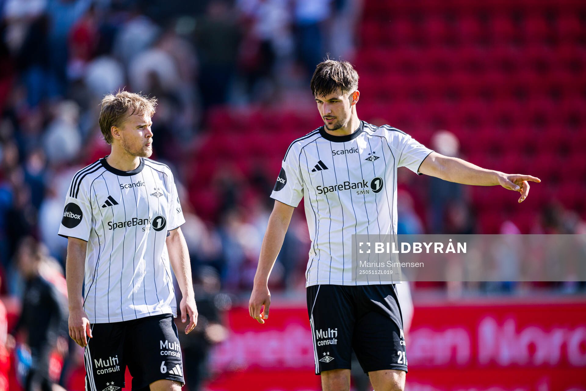 Santeri Leevi Oliver Väänänen and Tomas Nemcik of Rosenborg after the Eliteserien match between Brann and Rosenborg on May 11, 2025 in Bergen.