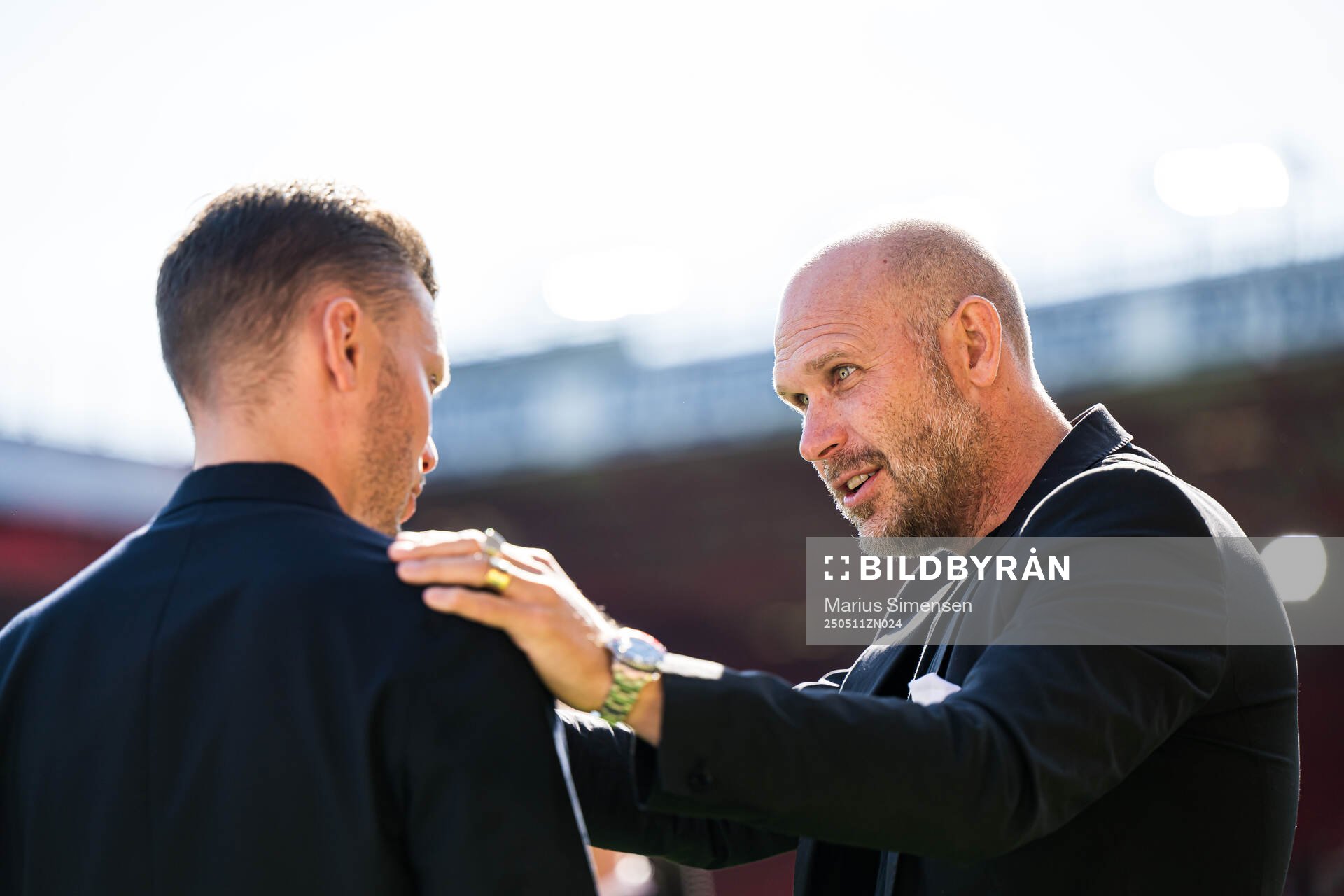 Alfred Johansson, head coach of Rosenborg, and Mikael Dorsin, sports director of Rosenborg, after the Eliteserien match between Brann and Rosenborg on May 11, 2025 in Bergen.