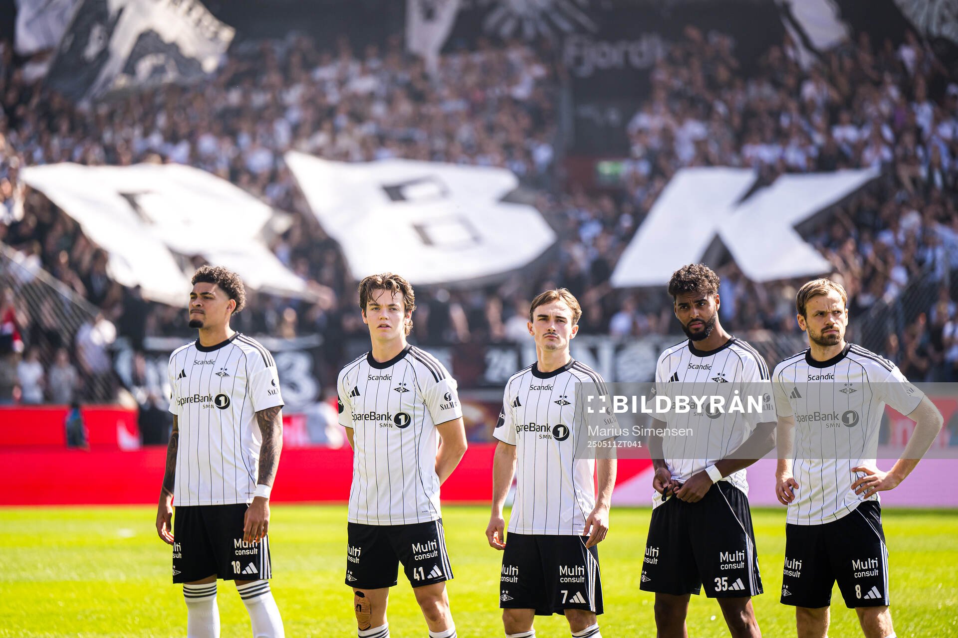 Noah Jean Holm, Sverre Halseth Nypan, Marius Sivertsen Broholm, Emil Konradsen Ceide and Iver Tobias Rørvik Fossum of Rosenborg ahead of the Eliteserien match between Brann and Rosenborg on May 11, 2025 in Bergen.