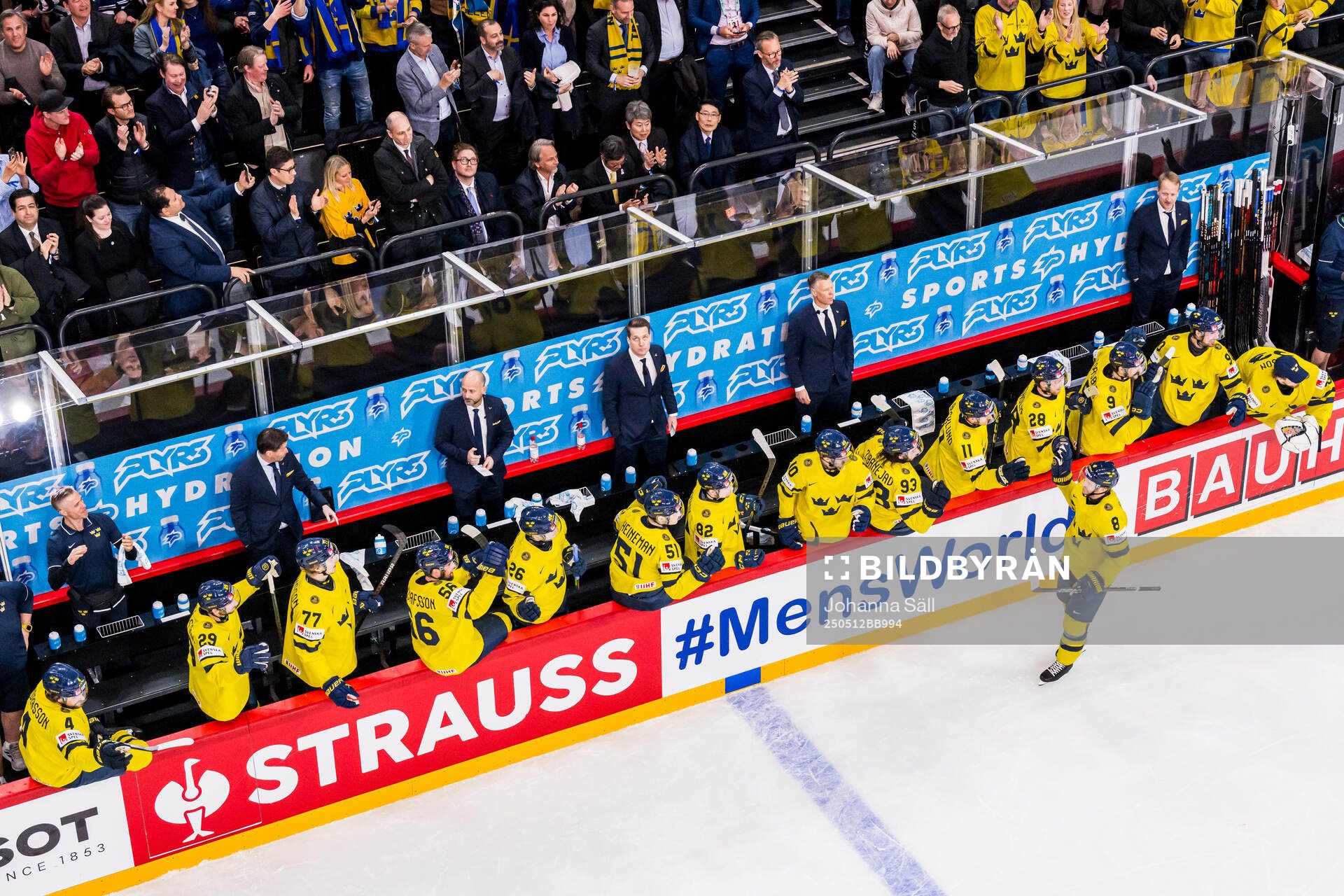 Jonas Brodin of Sweden celebrates with team mates