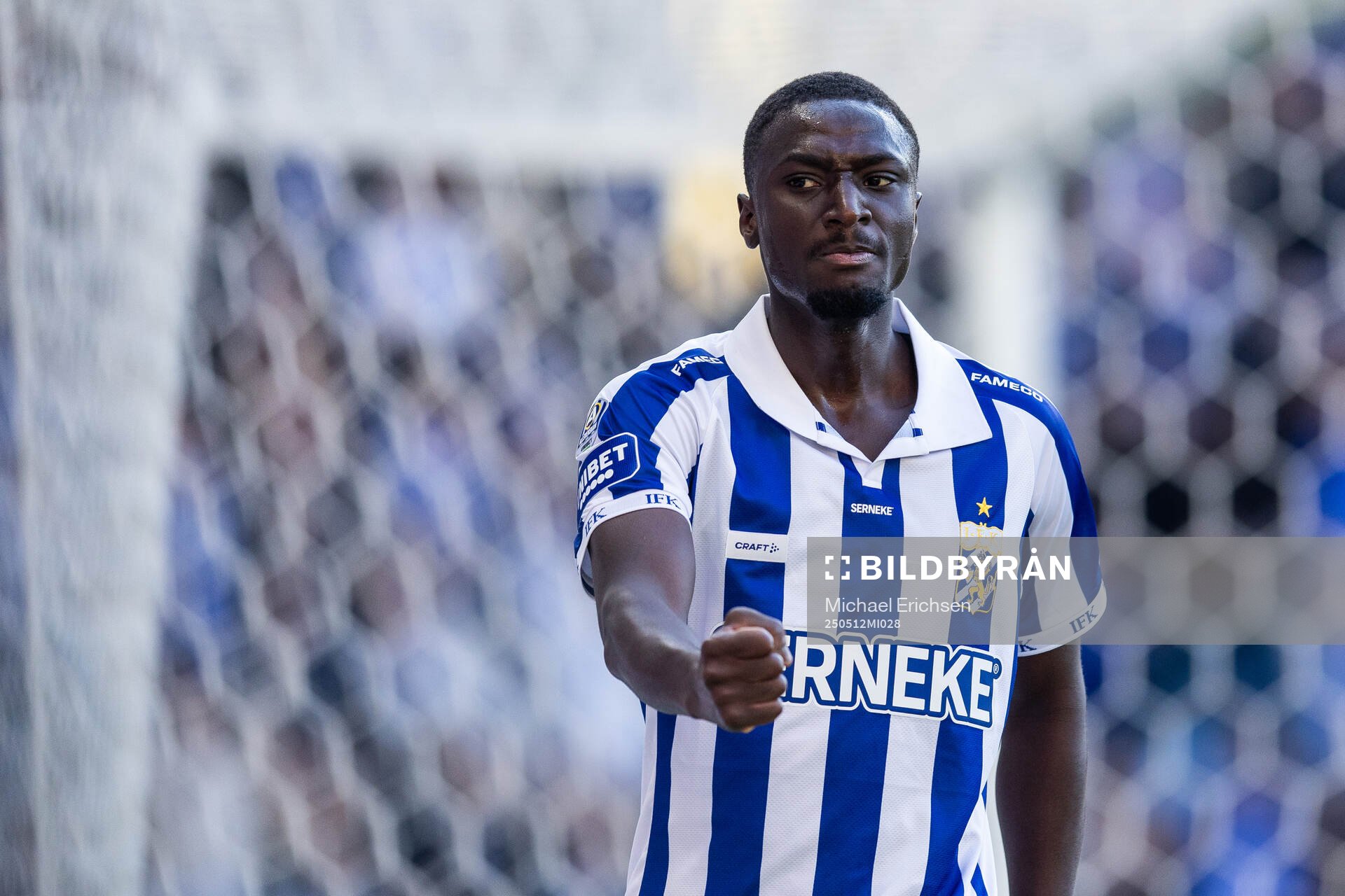 IFK Göteborgs Imam Jagne jublar efter 1-1 under fotbollsmatchen i Allsvenskan mellan IFK Göteborg och Djurgården den 12 maj 2025 i Göteborg.