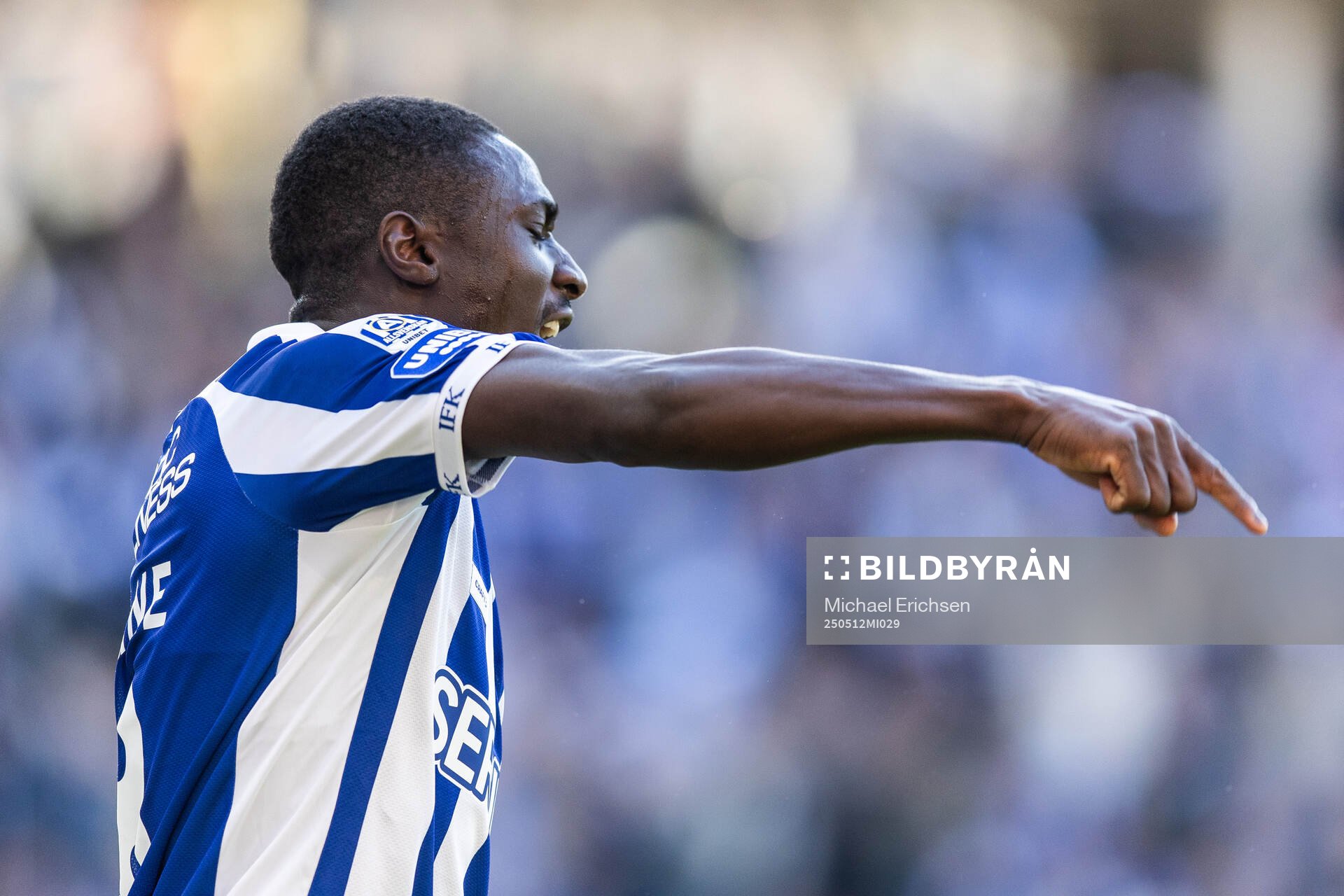 IFK Göteborgs Imam Jagne jublar efter 1-1 under fotbollsmatchen i Allsvenskan mellan IFK Göteborg och Djurgården den 12 maj 2025 i Göteborg.