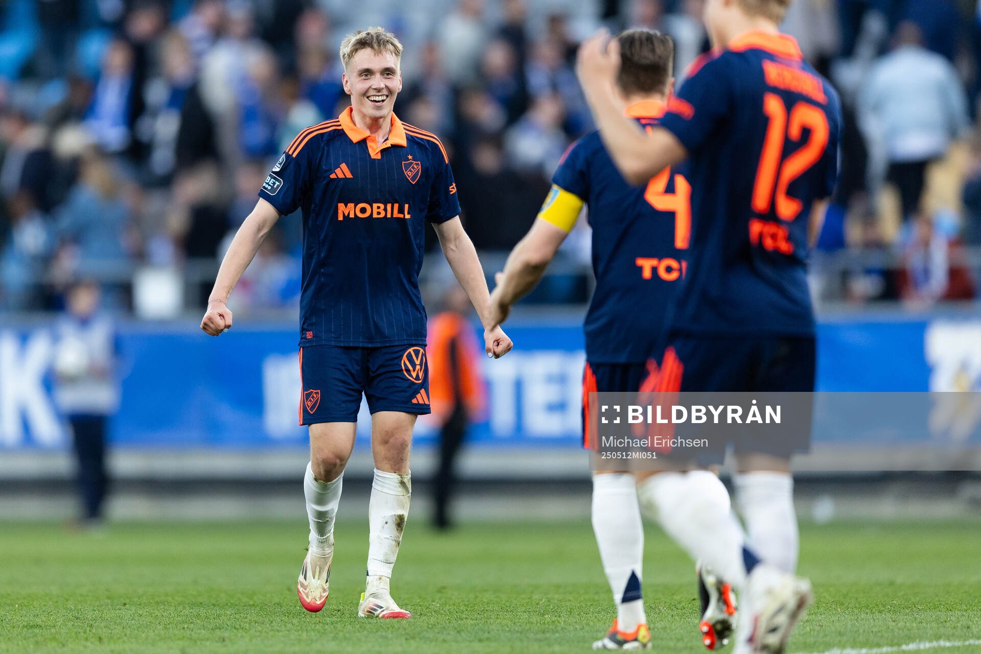 Djurgårdens Santeri Haarala jublar efter fotbollsmatchen i Allsvenskan mellan IFK Göteborg och Djurgården den 12 maj 2025 i Göteborg.