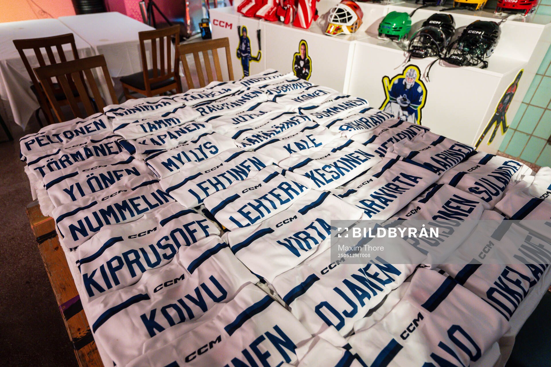 Jerseys of the gold-winning Finnish national ice hockey