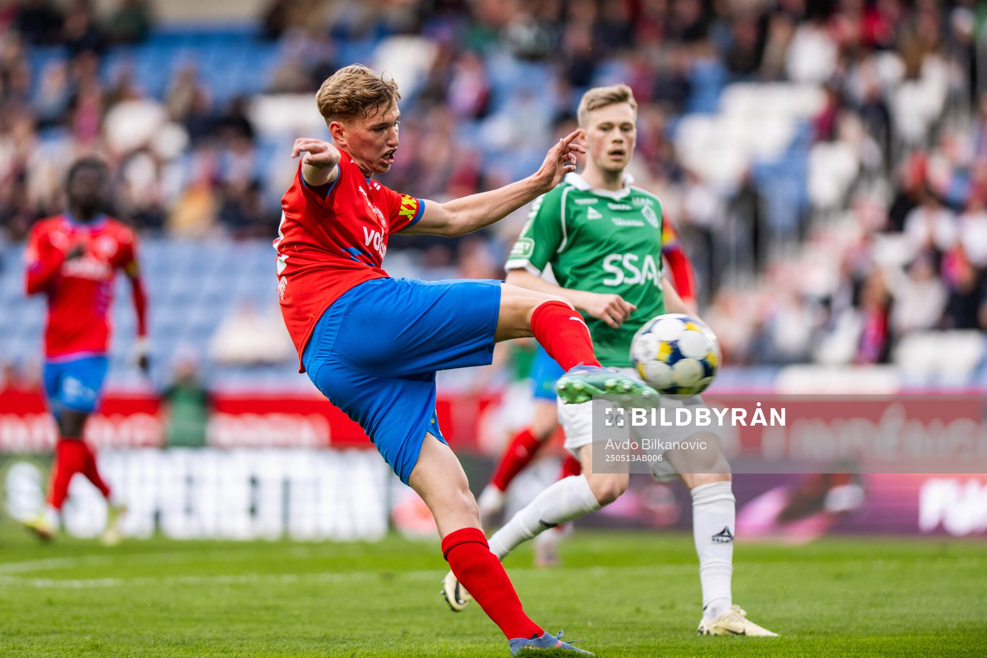 Helsingborgs Benjamin Örn under fotbollsmatchen i Superettan mellan Helsingborg och Brage den 13 maj 2025 i Helsingborg. 