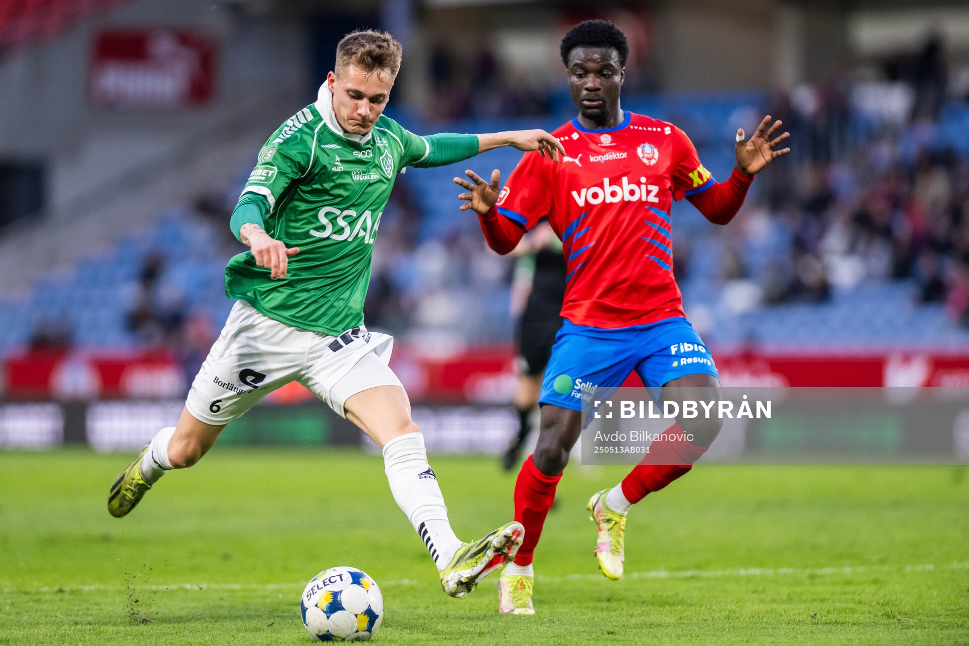 Brages Marinus Larsen under fotbollsmatchen i Superettan mellan Helsingborg och Brage den 13 maj 2025 i Helsingborg. 