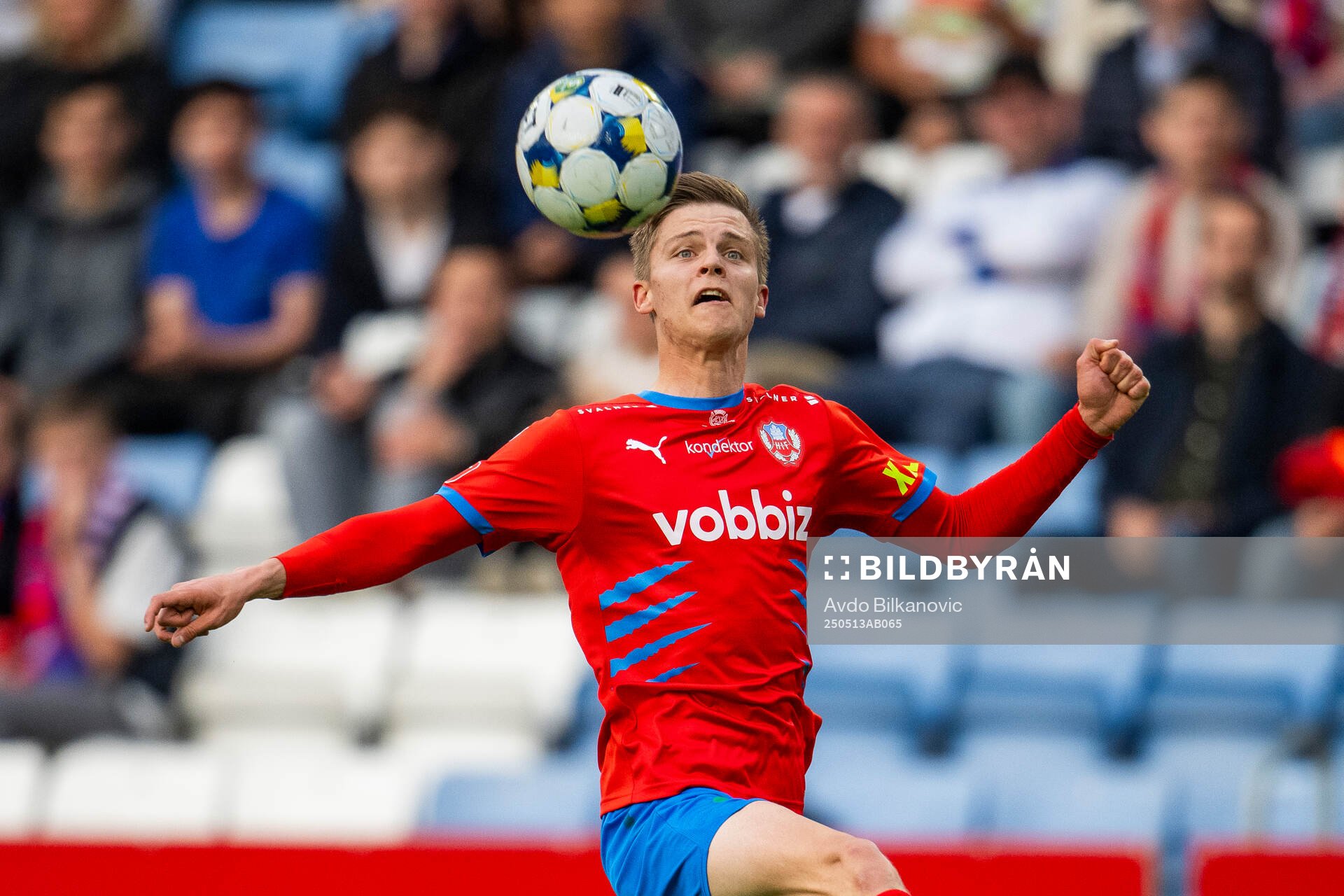 Helsingborgs Adrian Svanbäck under fotbollsmatchen i Superettan mellan Helsingborg och Brage den 13 maj 2025 i Helsingborg. 