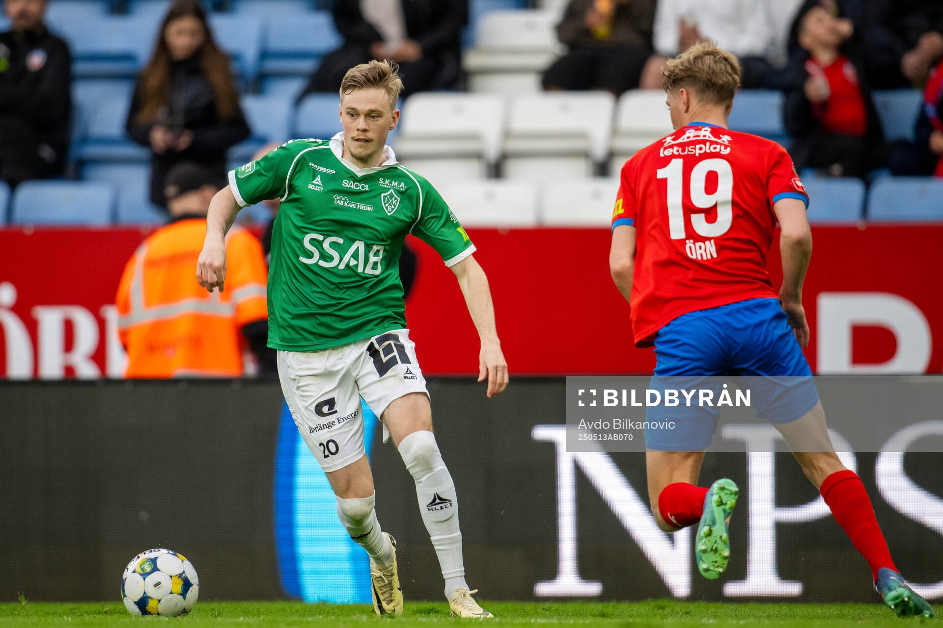 Brages Gustav Nordh under fotbollsmatchen i Superettan mellan Helsingborg och Brage den 13 maj 2025 i Helsingborg. 