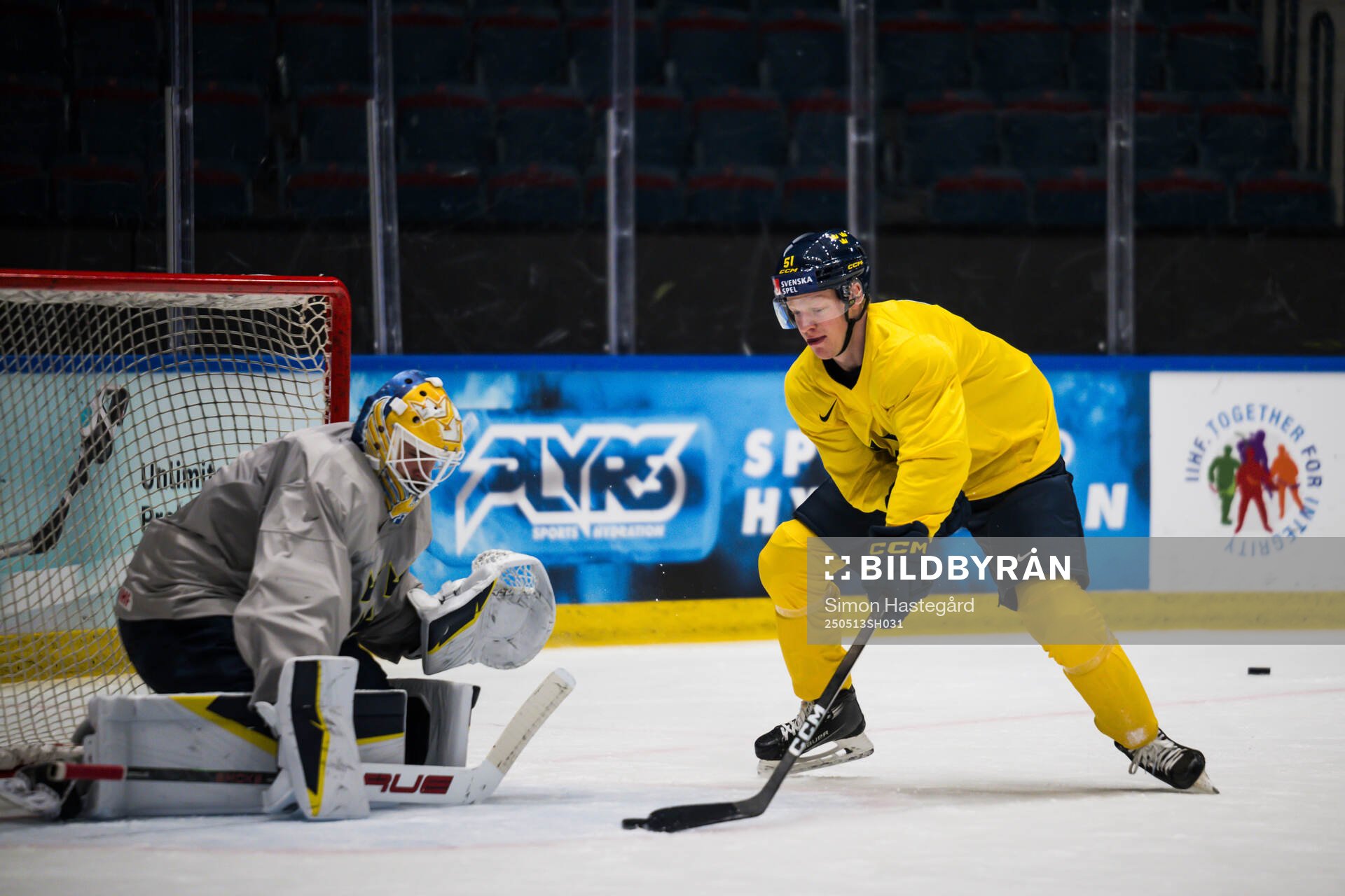 Goaltender Arvid Söderblom and Emil Heineman of Sweden at