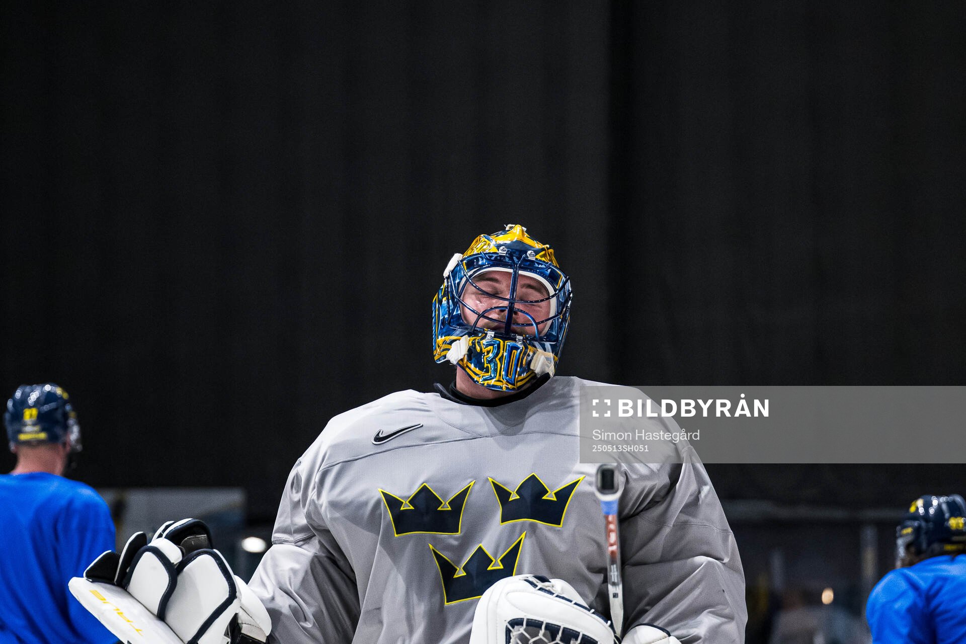 Goaltender Samuel Ersson of Sweden at a practice session