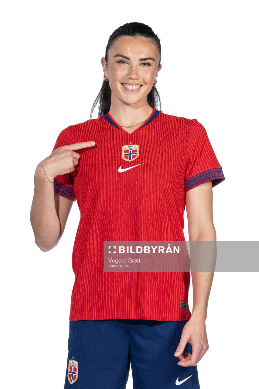 Ingrid Syrstad Engen of the Norwegian women's national football team poses for a portrait on February 18, 2025 in Toulouse. 