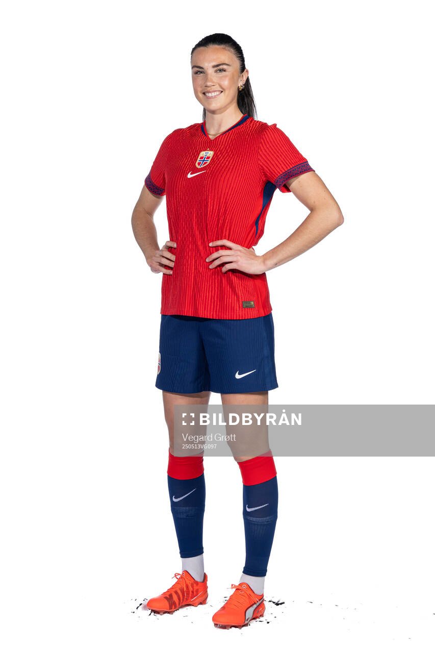 Ingrid Syrstad Engen of the Norwegian women's national football team poses for a portrait on February 18, 2025 in Toulouse. 