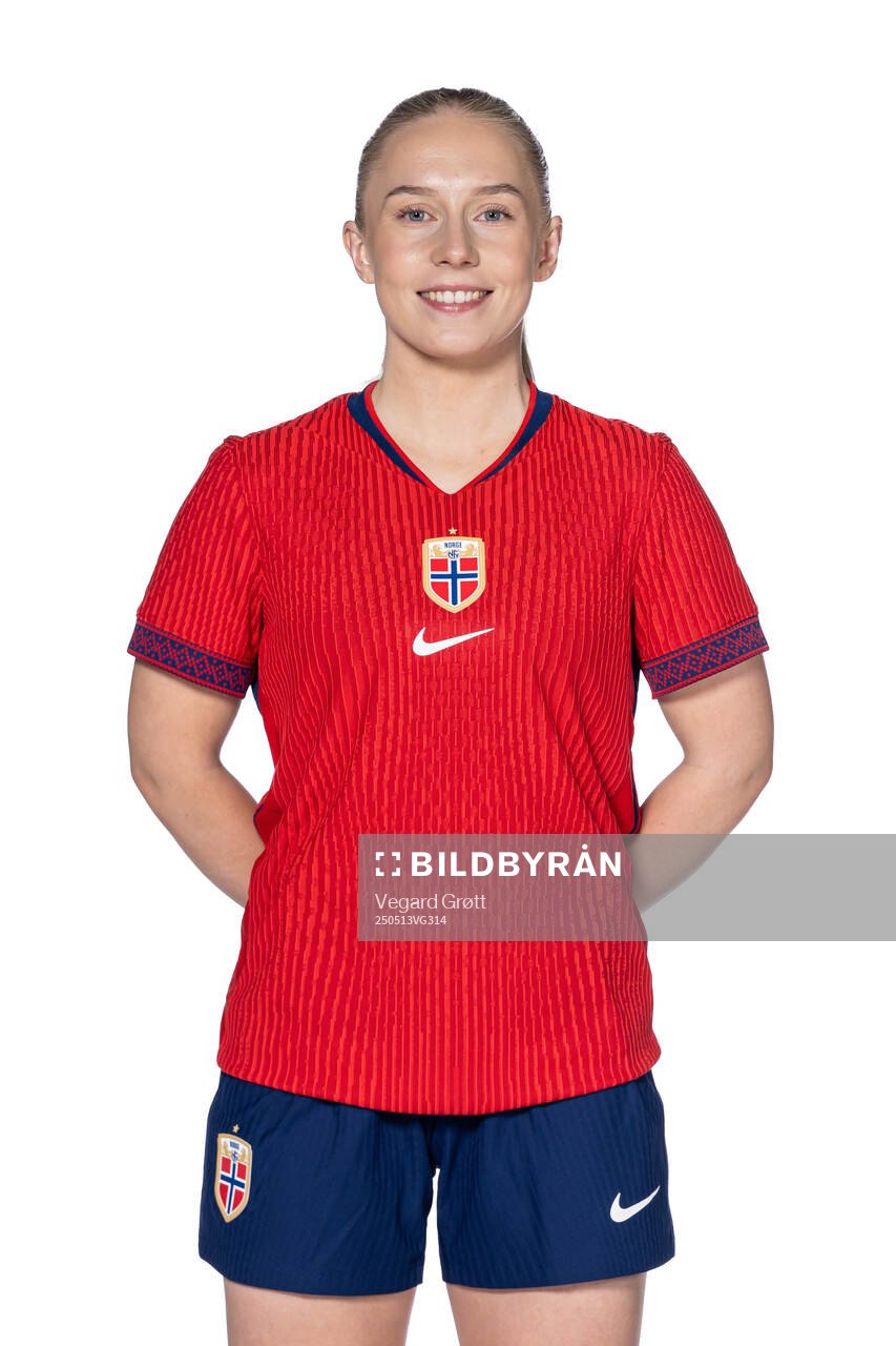 Thea Bjelde of the Norwegian women's national football team poses for a portrait on April 6, 2025 in Oslo. 