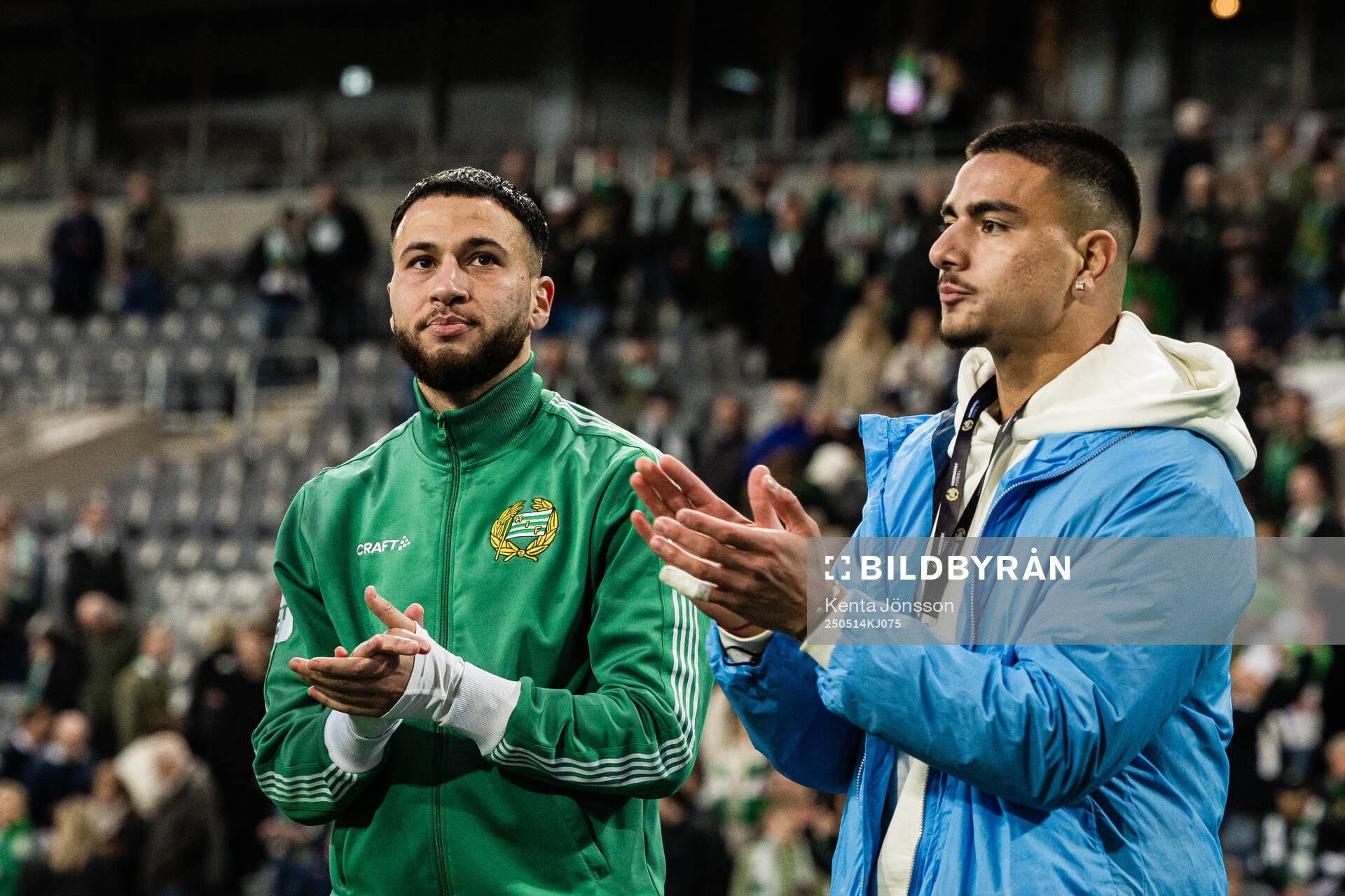 Hammarbys Abdelrahman Boudah Saidi och Jusef Erabi jublar efter fotbollsmatchen i Allsvenskan mellan Hammarby och Sirius den 14 maj 2025 i Stockholm.