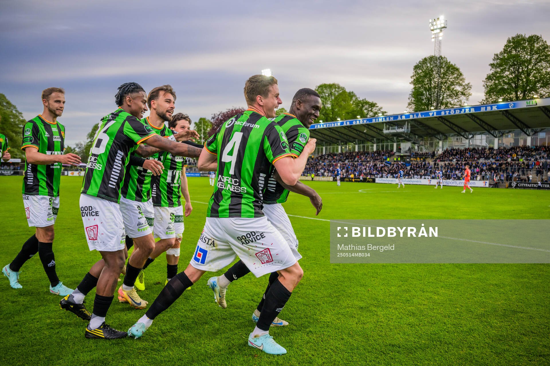 GAISs Gustav Lundgren, Chovanie Shakur Amatkarijo, Edvin Becirovic, Oskar Ågren och Ibrahim Diabate jublar efter 1-3 målet under fotbollsmatchen i Allsvenskan mellan Halmstad och GAIS den 14 maj 2025 i Halmstad.
