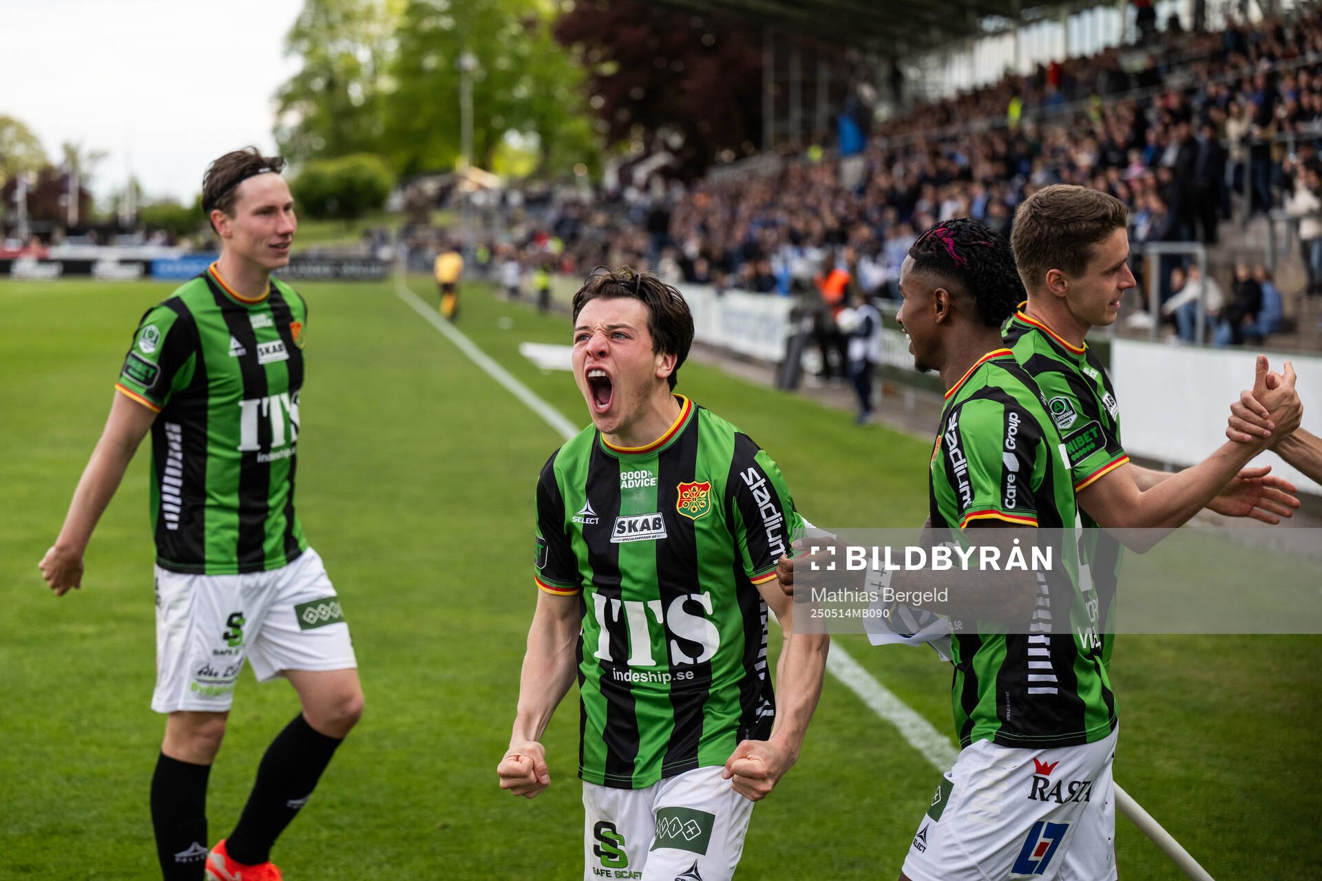 GAIS Robin Frej, Matteo de Brienne, Chovanie Shakur Amatkarijo och Oskar Ågren jublar efter att Ibrahim Diabate (ej i bild) gjort 1-2 under fotbollsmatchen i Allsvenskan mellan Halmstad och GAIS den 14 maj 2025 i Halmstad.