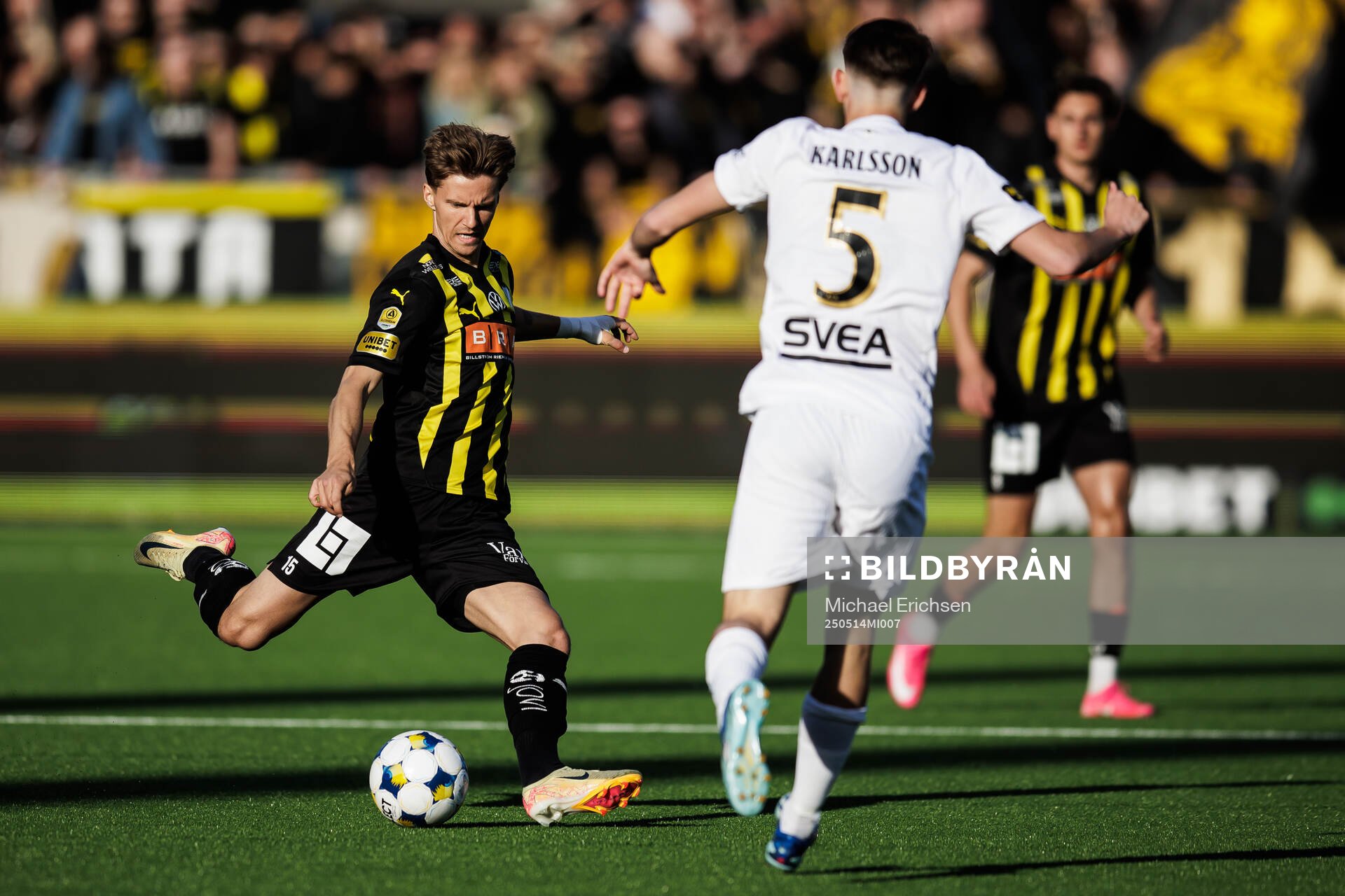 Häckens Samuel Leach Holm under fotbollsmatchen i Allsvenskan mellan Häcken och AIK den 14 maj 2025 i Göteborg. 