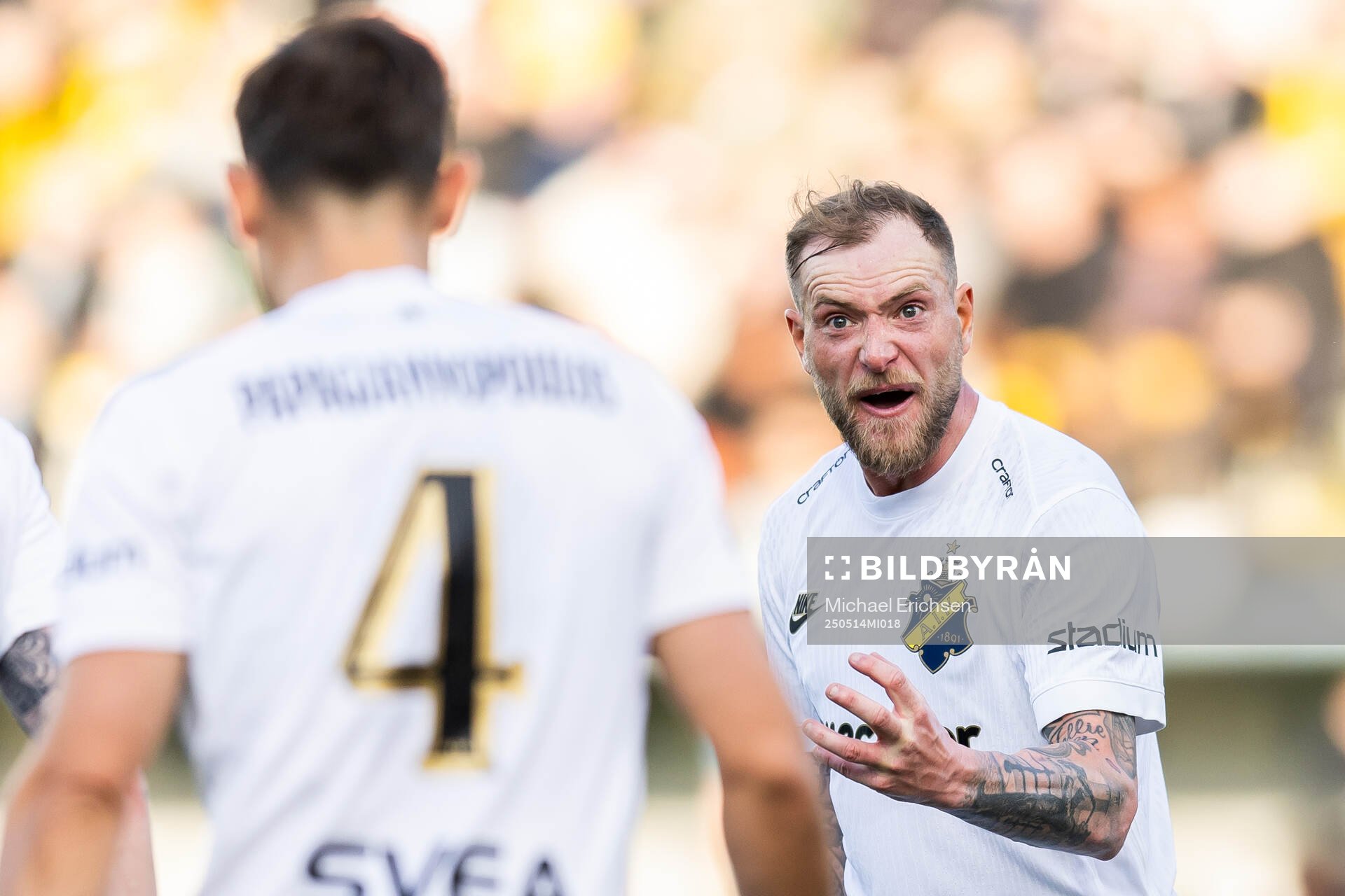AIKs John Guidetti reagerar under fotbollsmatchen i Allsvenskan mellan Häcken och AIK den 14 maj 2025 i Göteborg. 