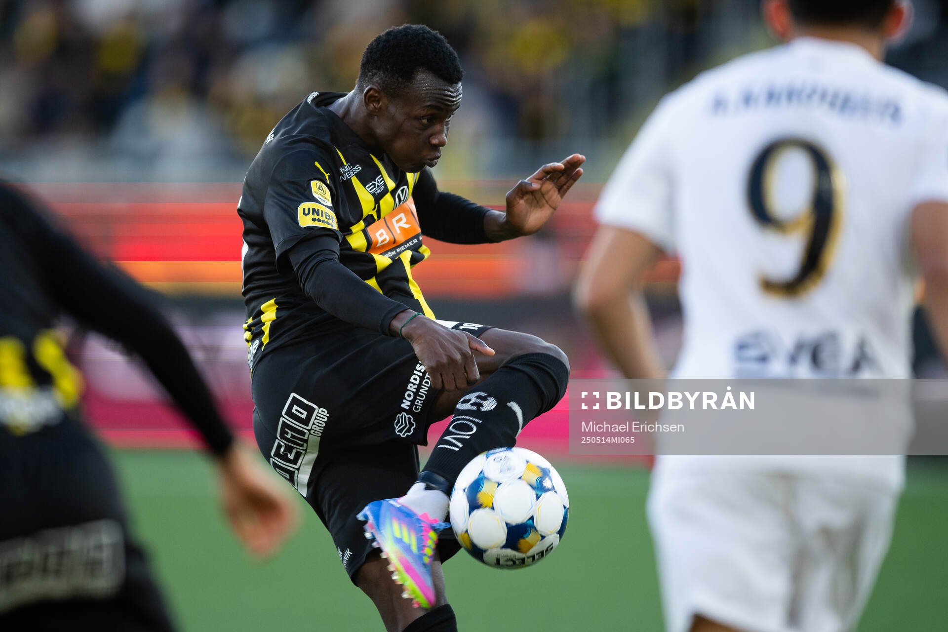 Häckens John Paul Dembe under fotbollsmatchen i Allsvenskan mellan Häcken och AIK den 14 maj 2025 i Göteborg. 