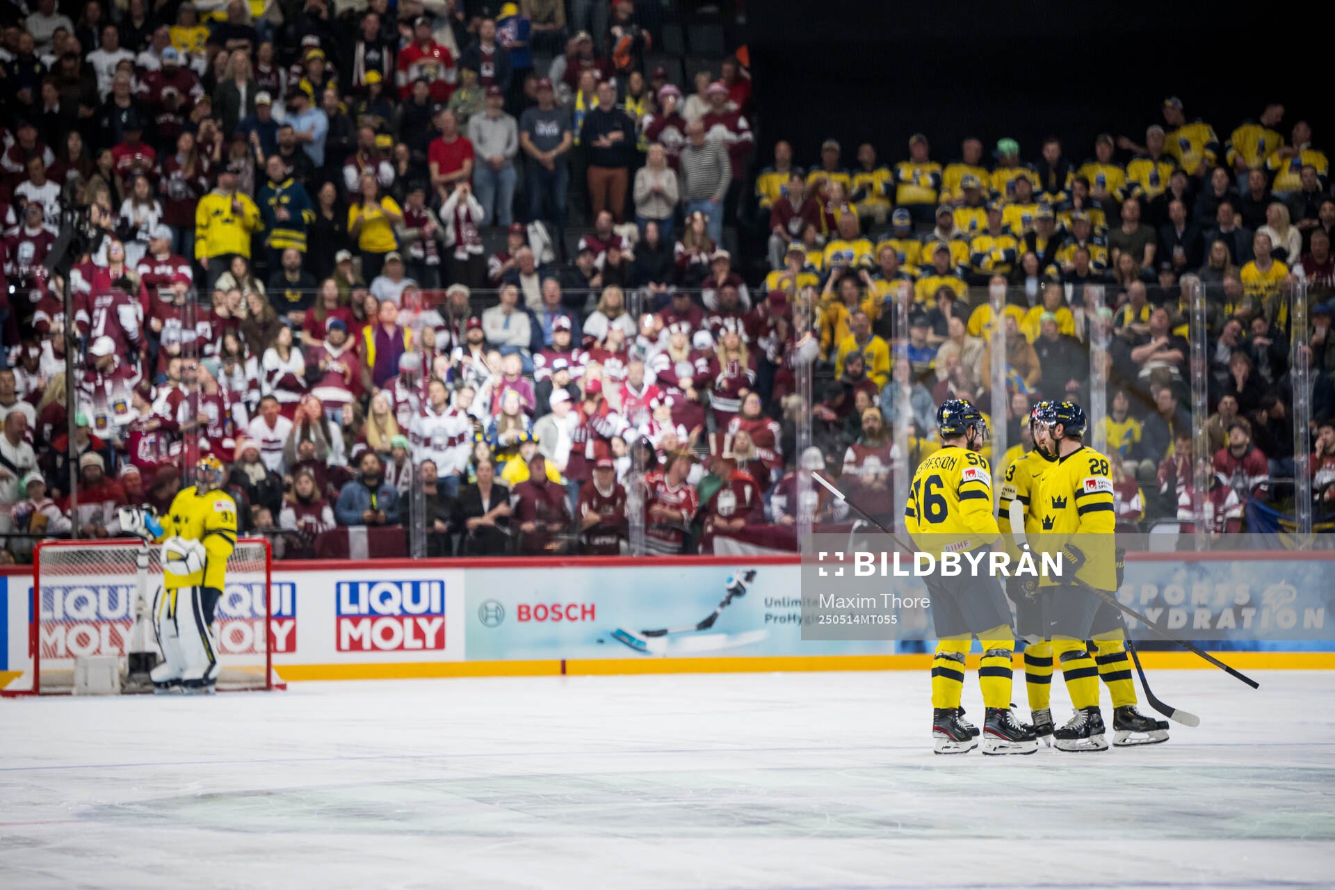 Erik Gustafsson, Mika Zibanejad and Elias Lindholm of Sweden