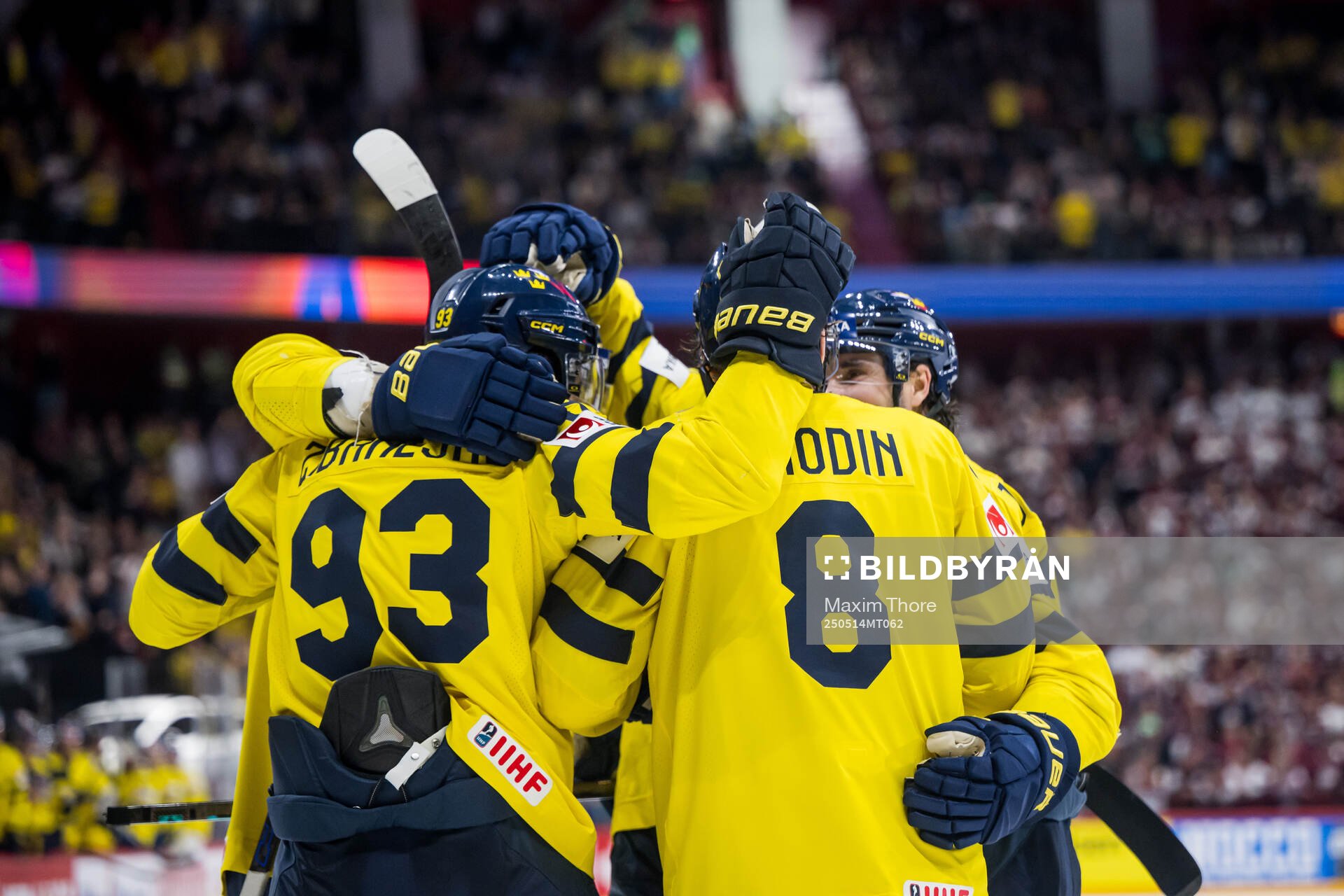 Mika Zibanejad and Jonas Brodin of Sweden celebrating the