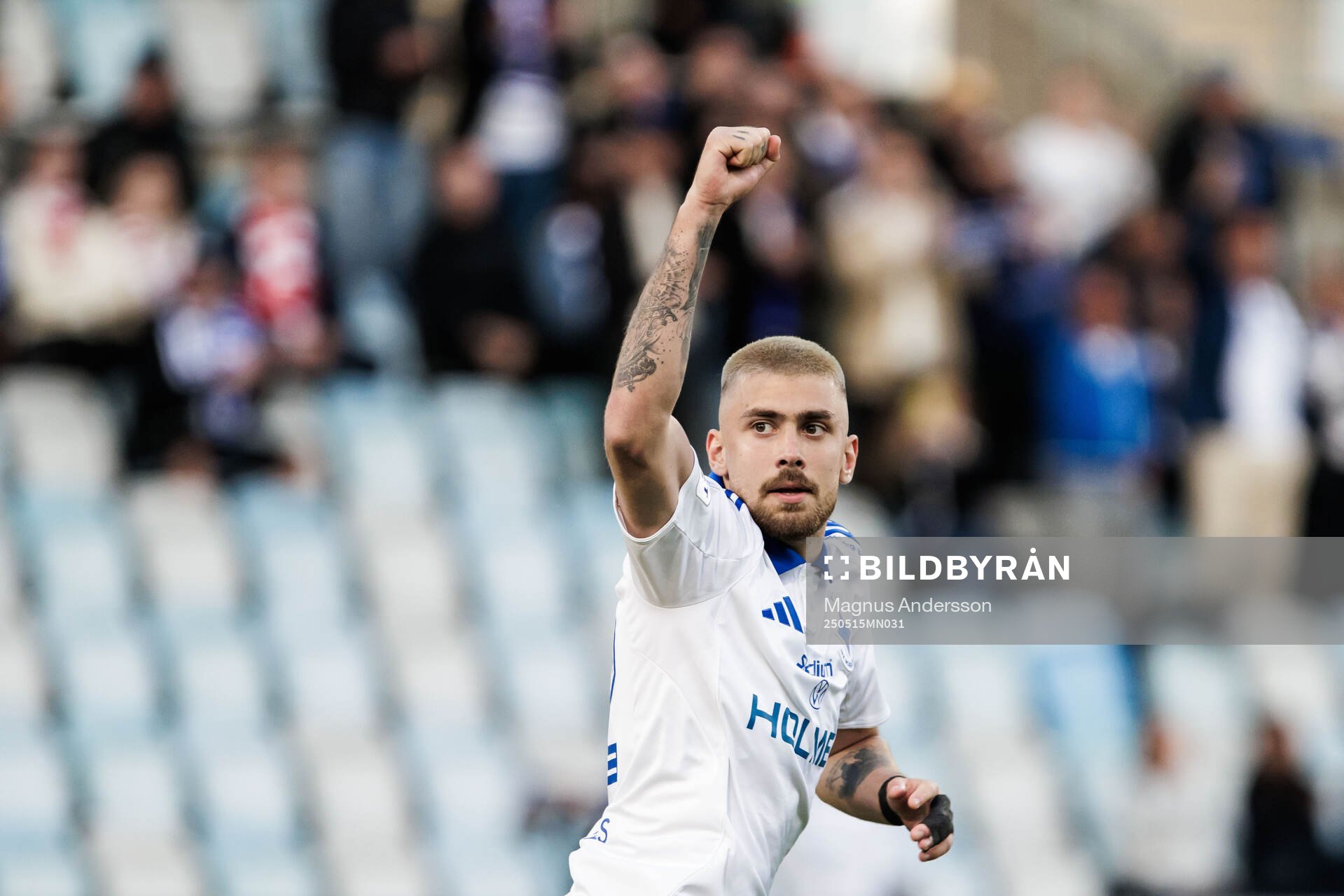 IFK Norrköpings Tim Prica jublar efter 1-1 målet under fotbollsmatchen i Allsvenskan mellan IFK Norrköping och Degerfors den 15 maj 2025 i Norrköping.